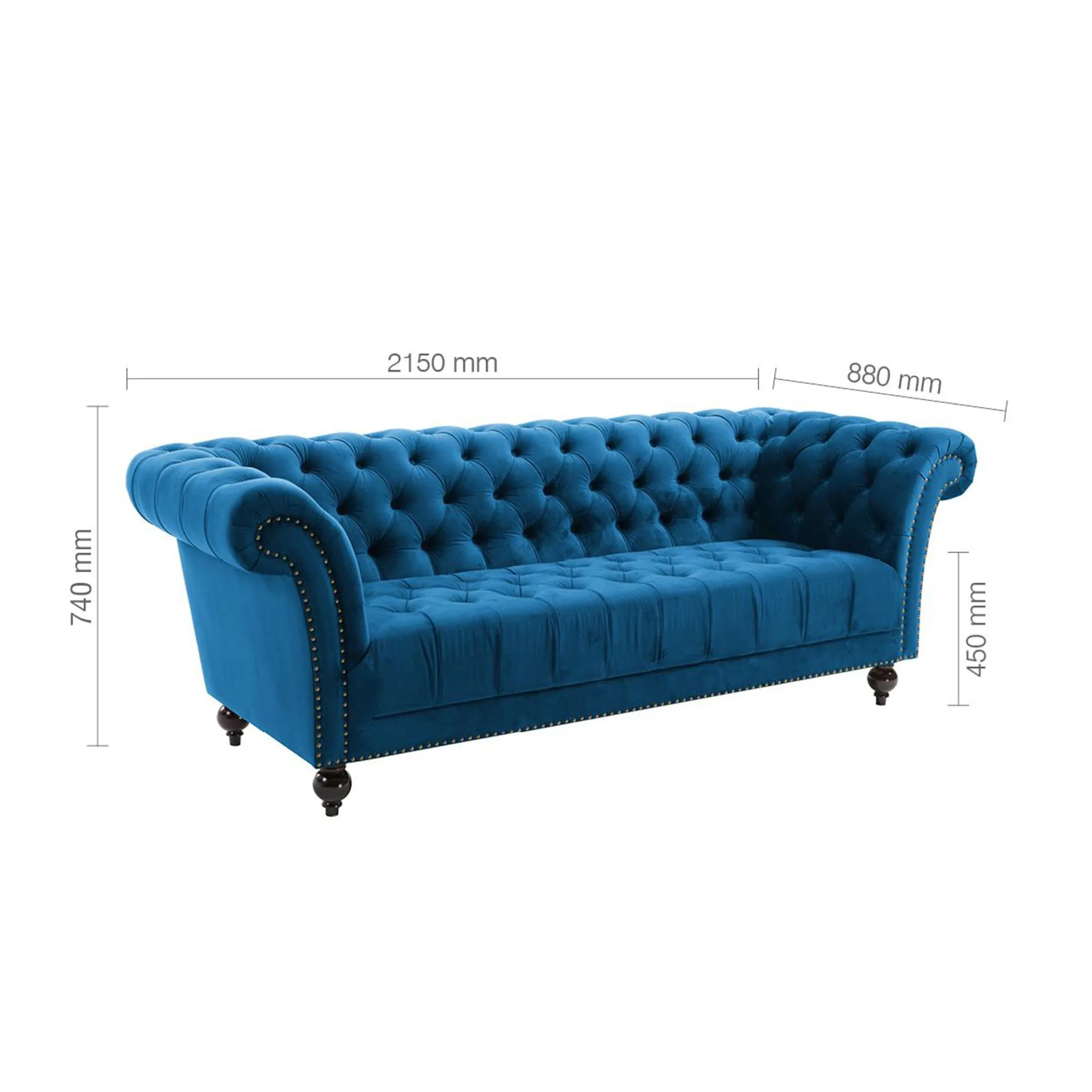 Chester 3-Seater Sofa - Midnight Blue, Velvet