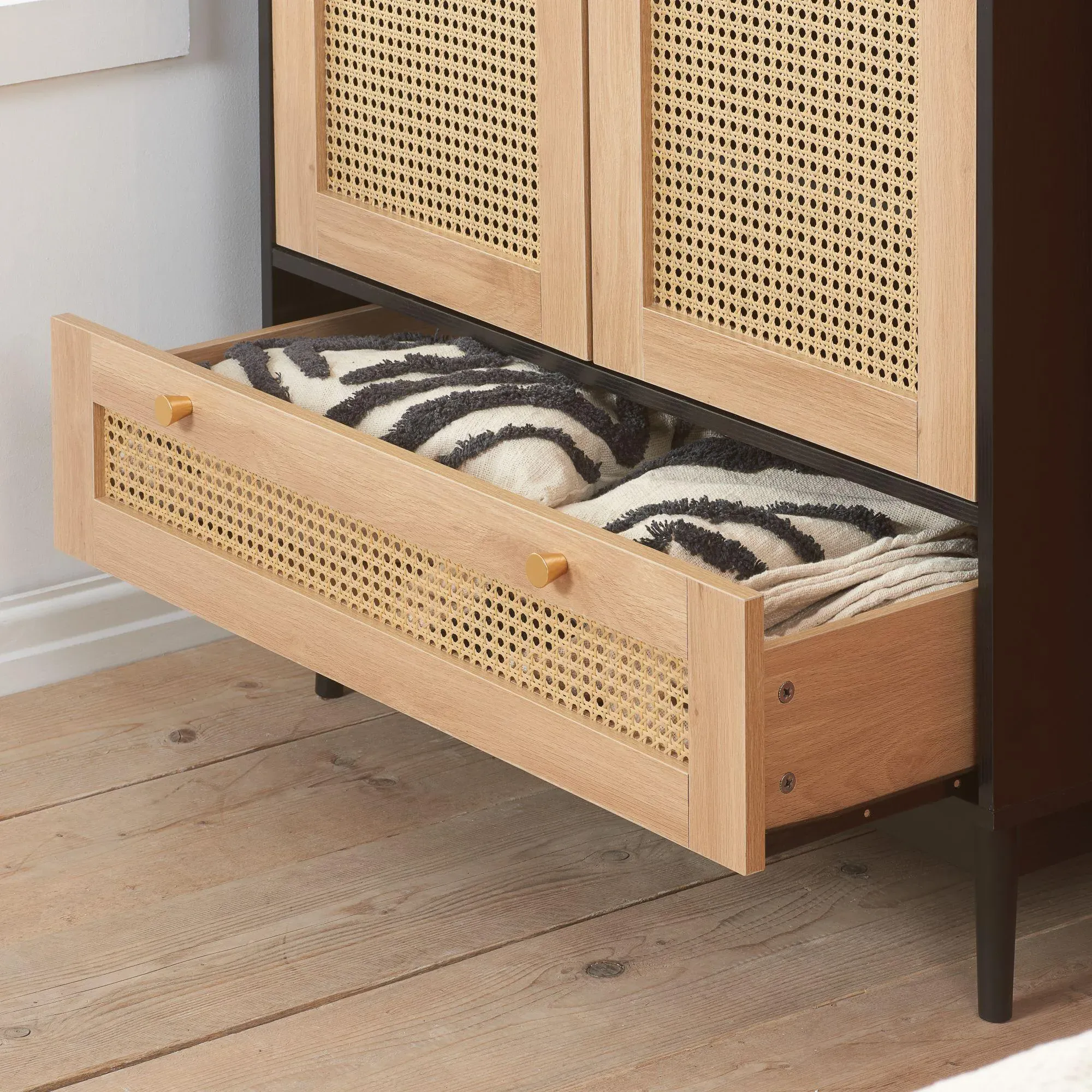Croxley 2 Door Wardrobe with Drawer - Black, Rattan