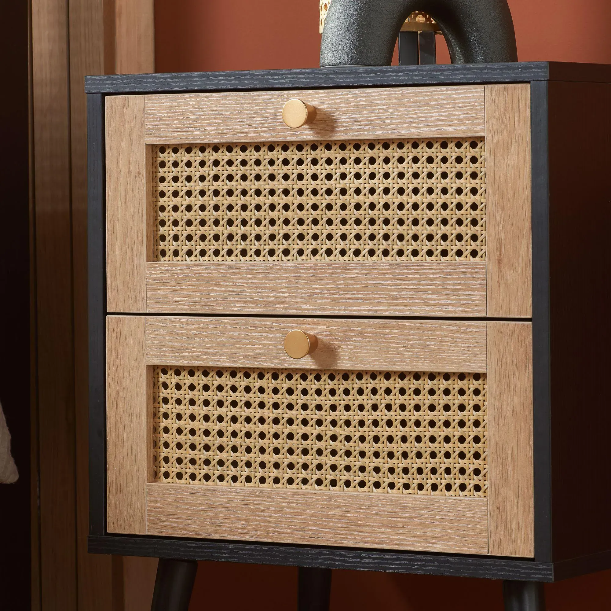 Croxley 2 Drawer Bedside Table - Black, Rattan