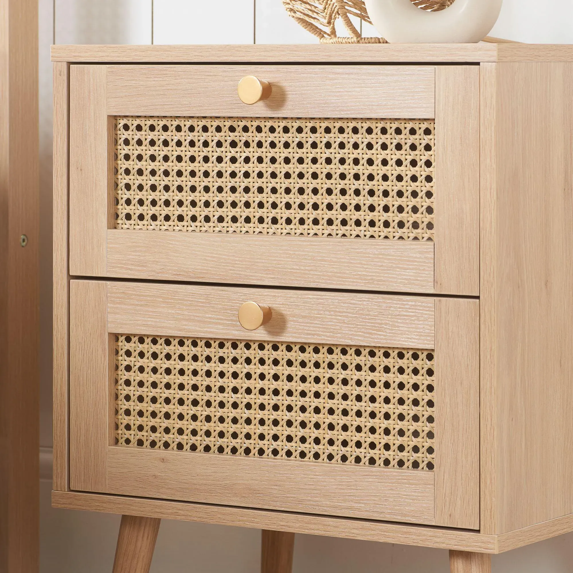 Croxley 2 Drawer Bedside Table - Oak, Rattan