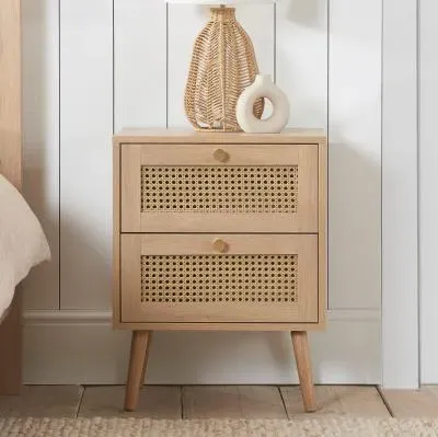 Croxley 2 Drawer Bedside Table - Oak, Rattan