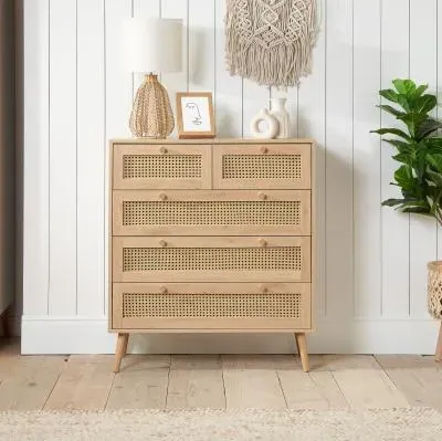 Croxley 5 Drawer Chest - Oak, Rattan