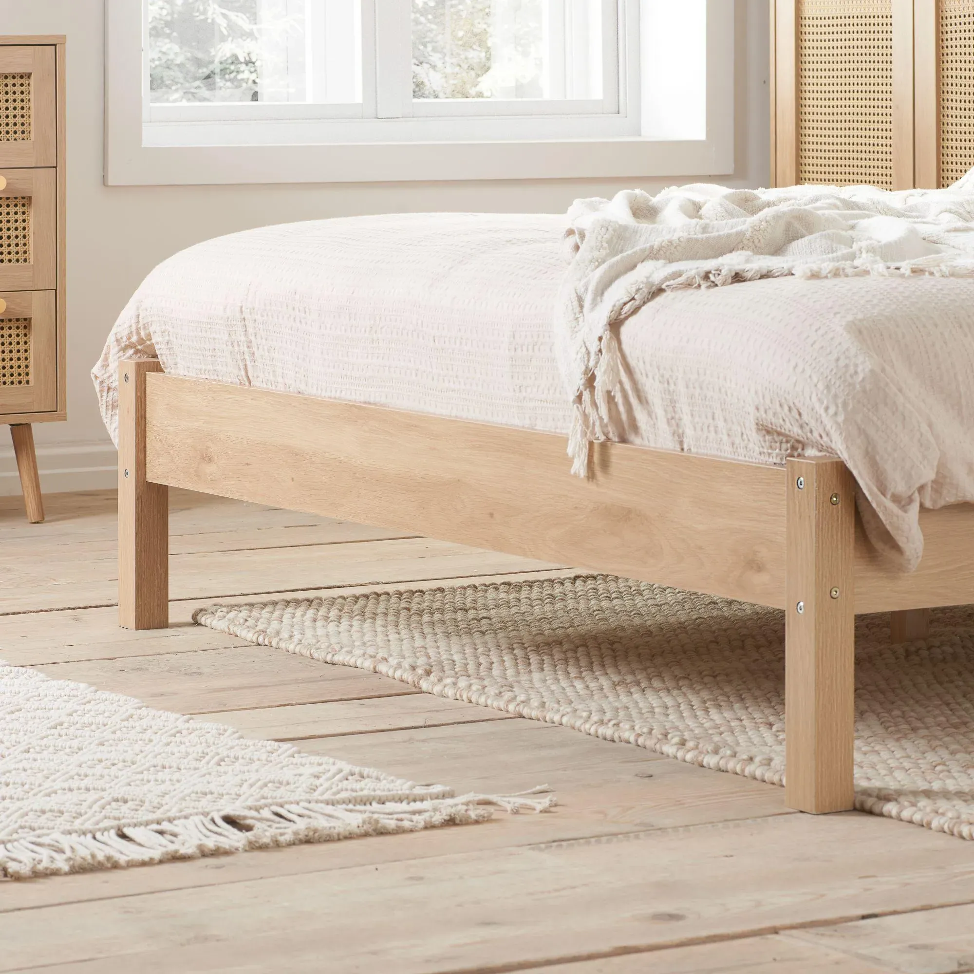 Croxley Bed Frame with Rattan Headboard - Oak