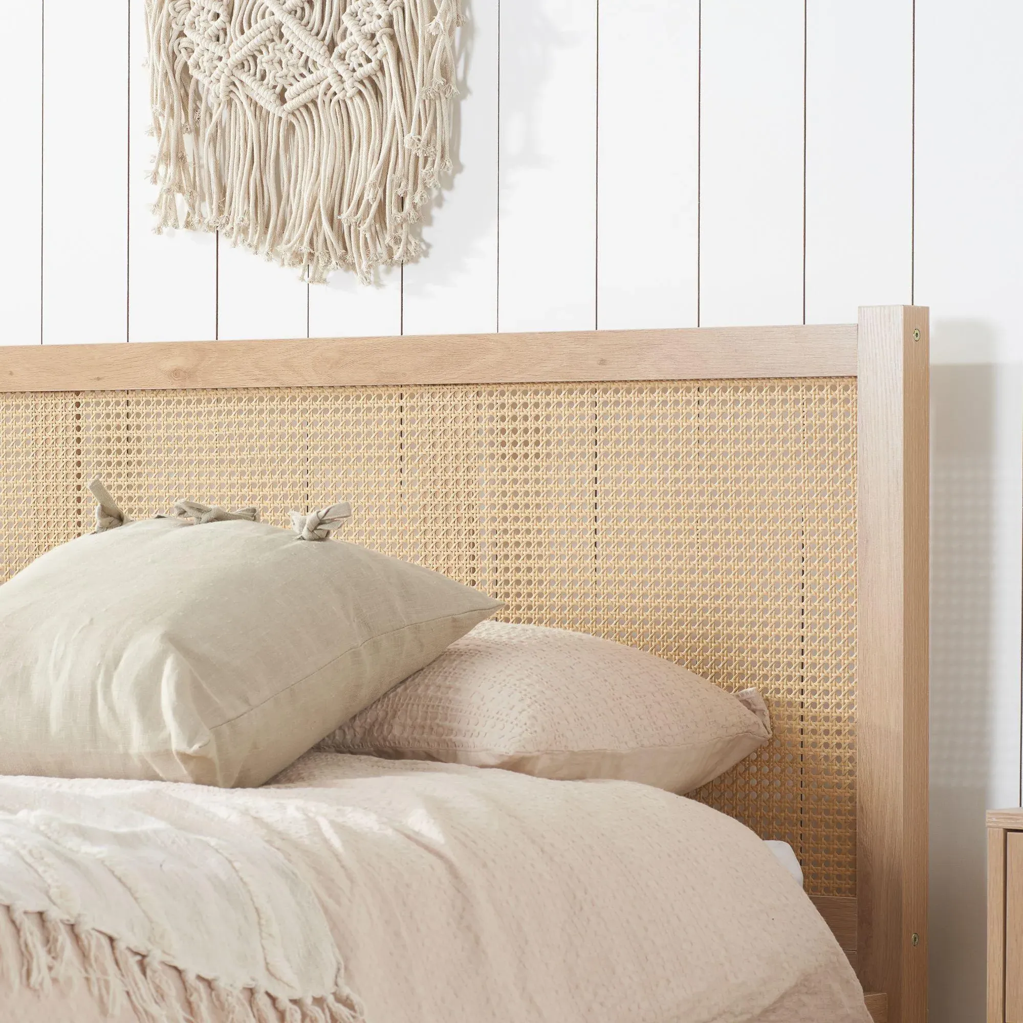 Croxley Bed Frame with Rattan Headboard - Oak