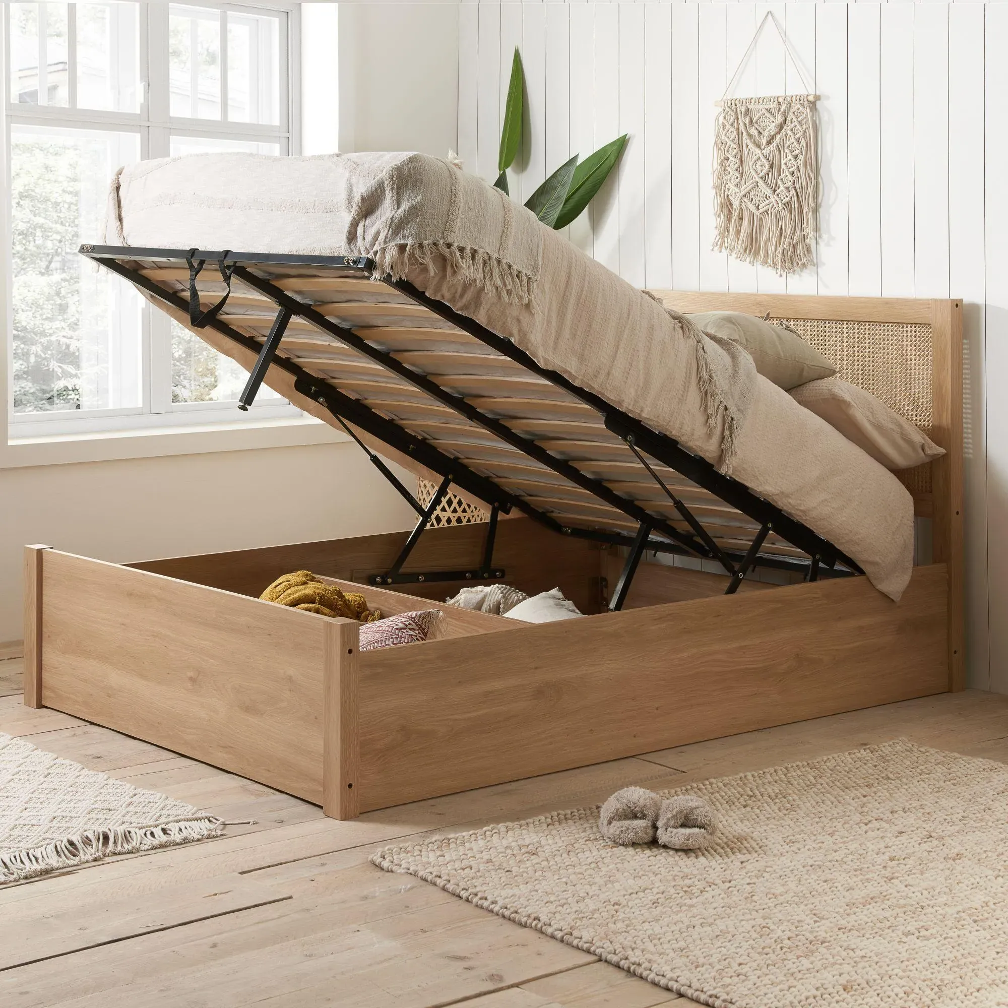 Croxley Ottoman Storage Bed with Rattan - Oak