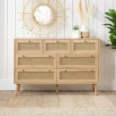Croxley Wide 7 Drawer Chest - Oak, Rattan