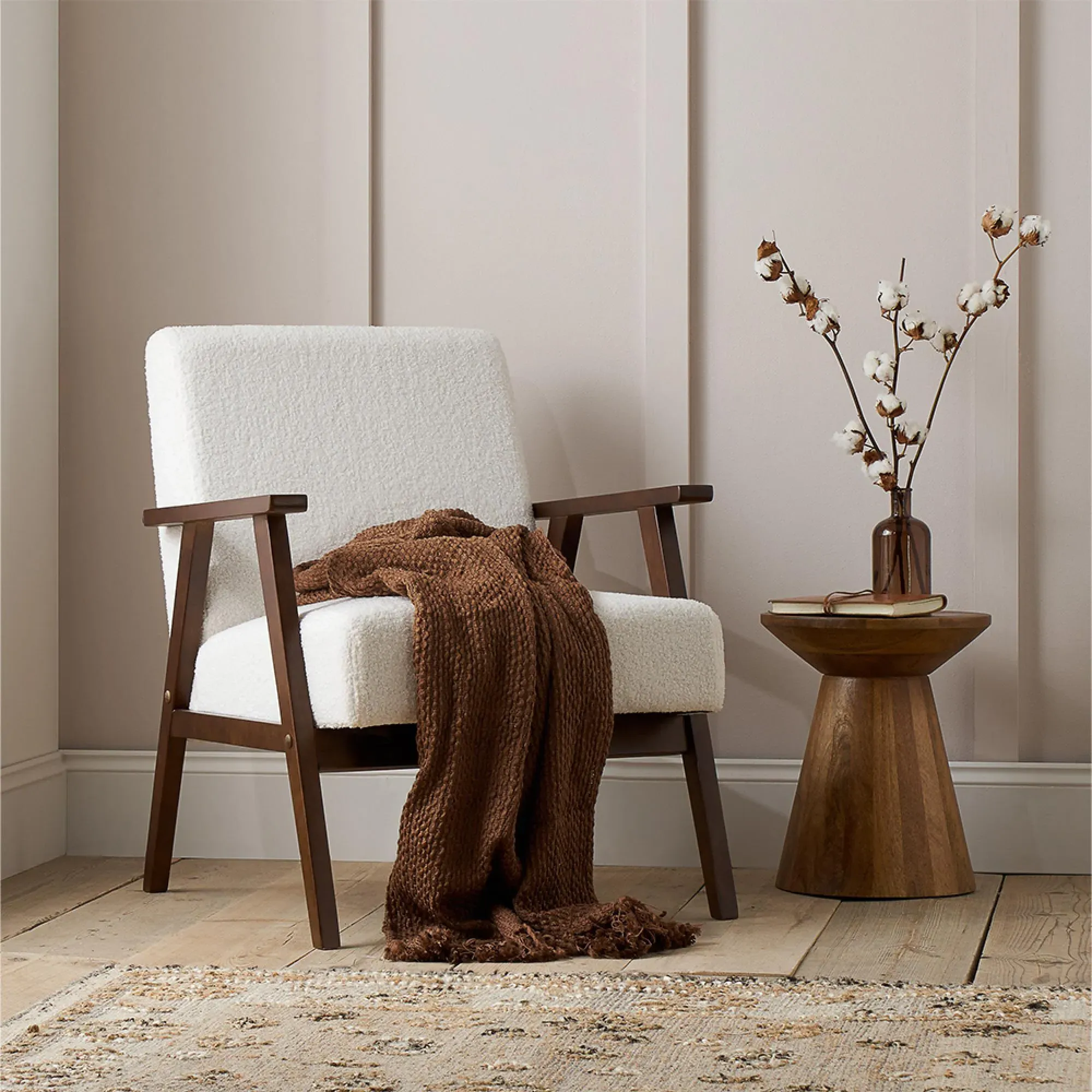 Ellwood Armchair - White, Boucle Fabric