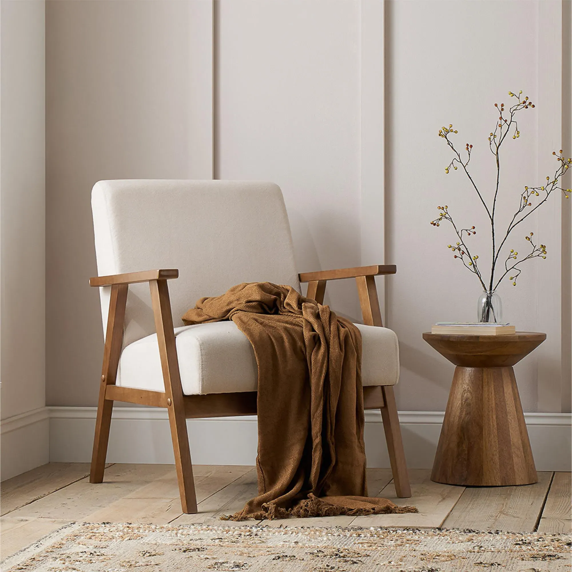 Ellwood Fabric Armchair - Cream, Oak