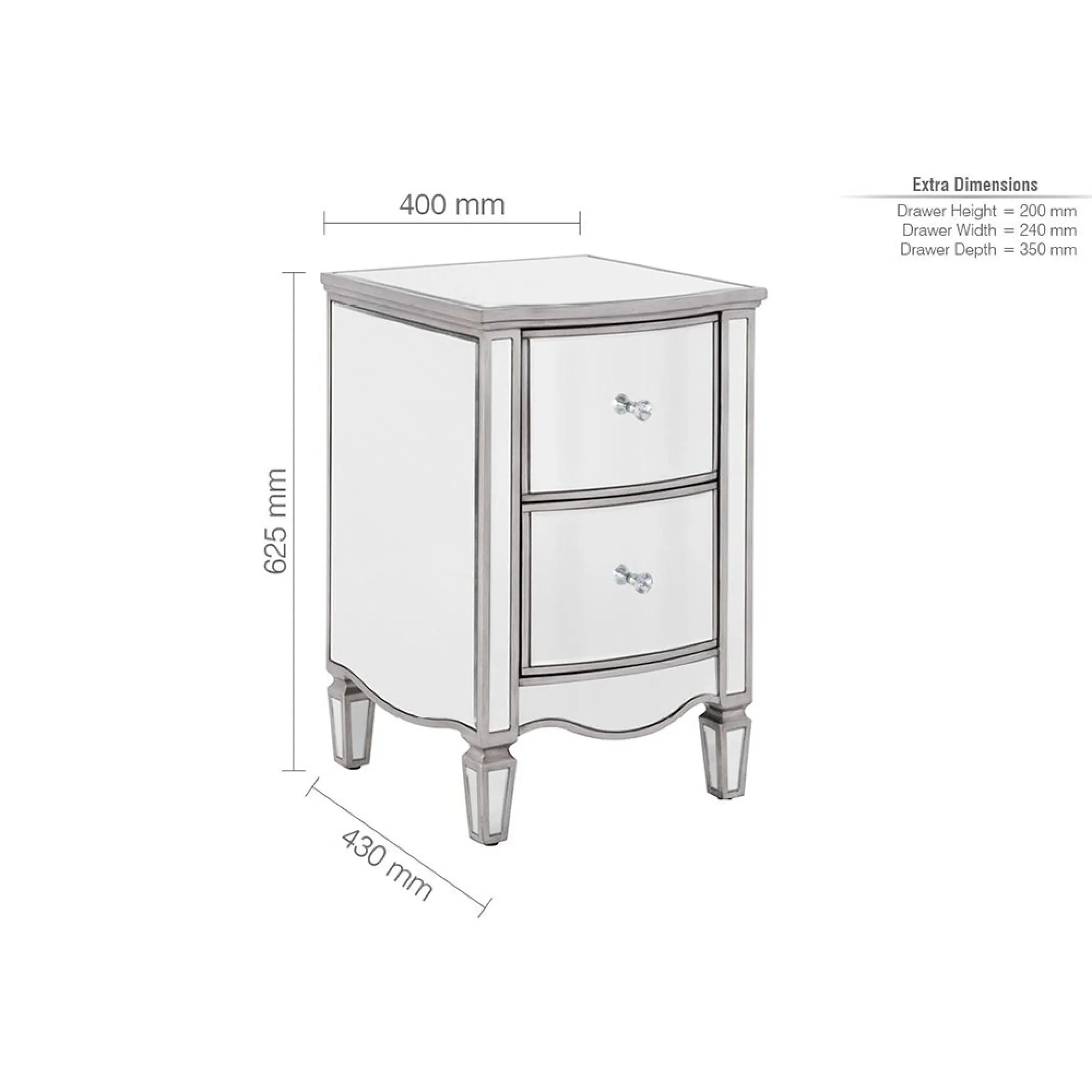 Elysee 2 Drawer Narrow Bedside Cabinet - Mirrored