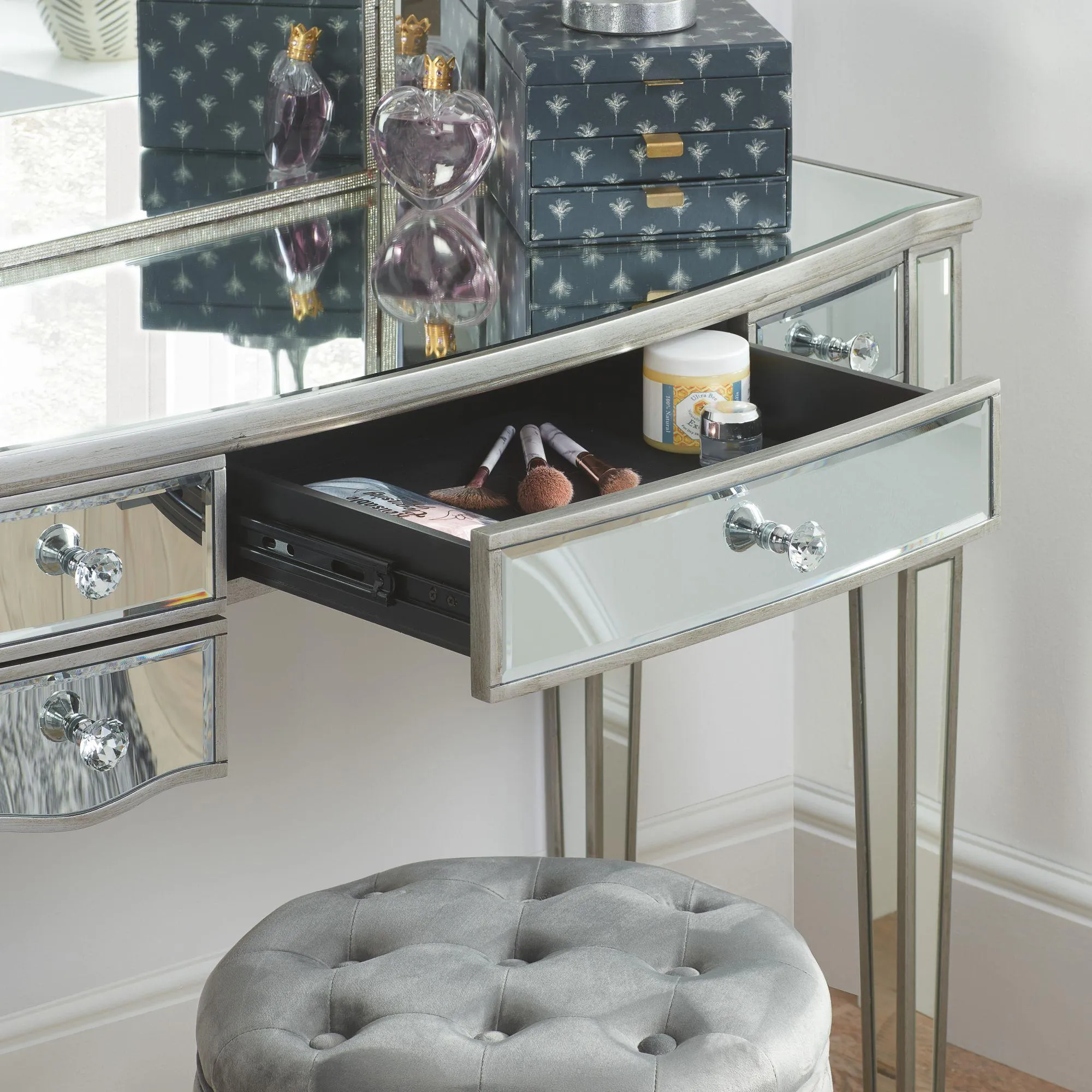 Elysee 5 Drawer Dressing Table - Mirrored Glass
