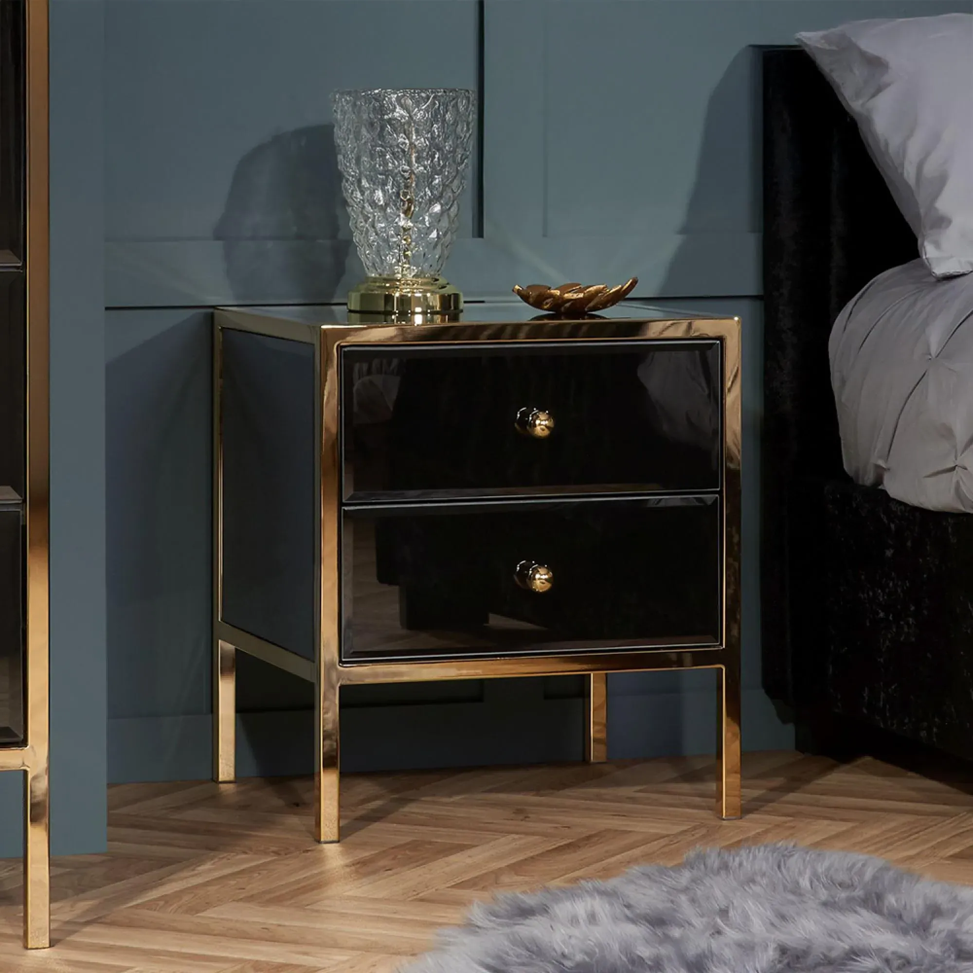Fenwick 2 Drawer Bedside Cabinet - Black, Glass