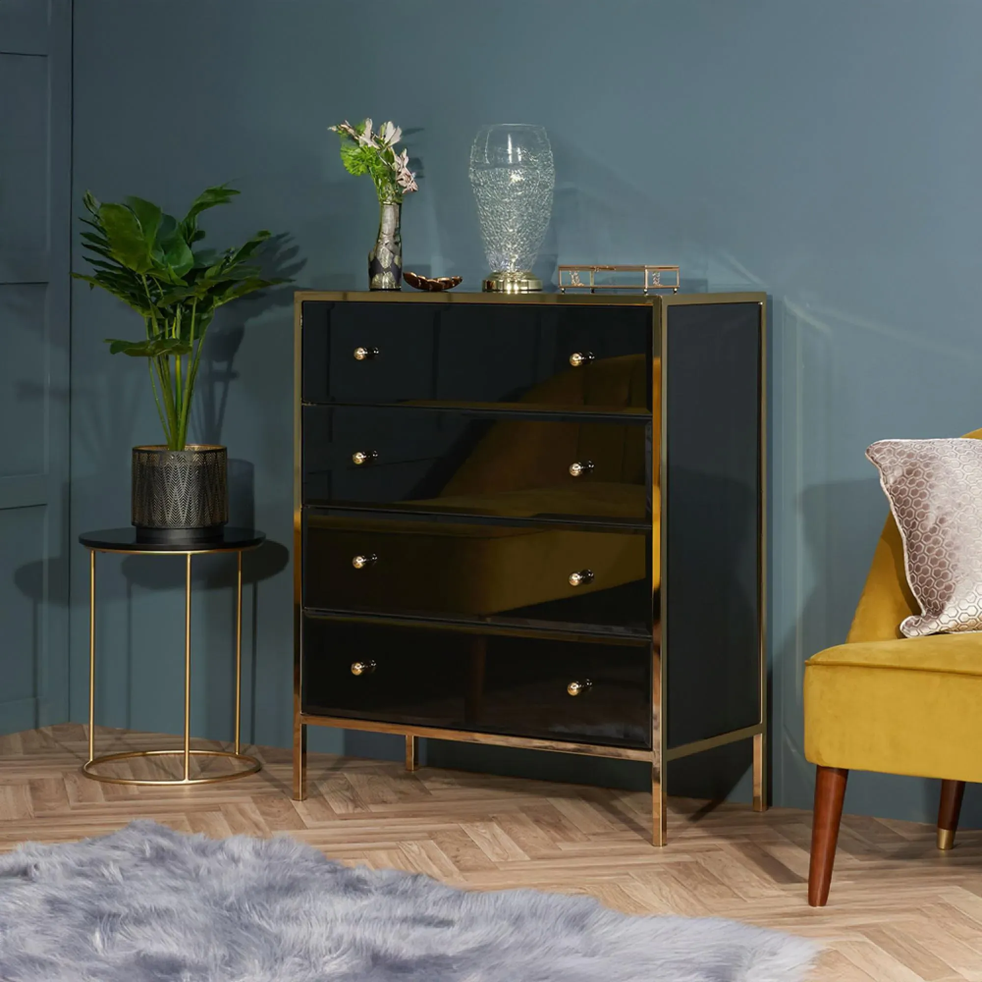 Fenwick 4 Drawer Chest with Gold Trim - Black