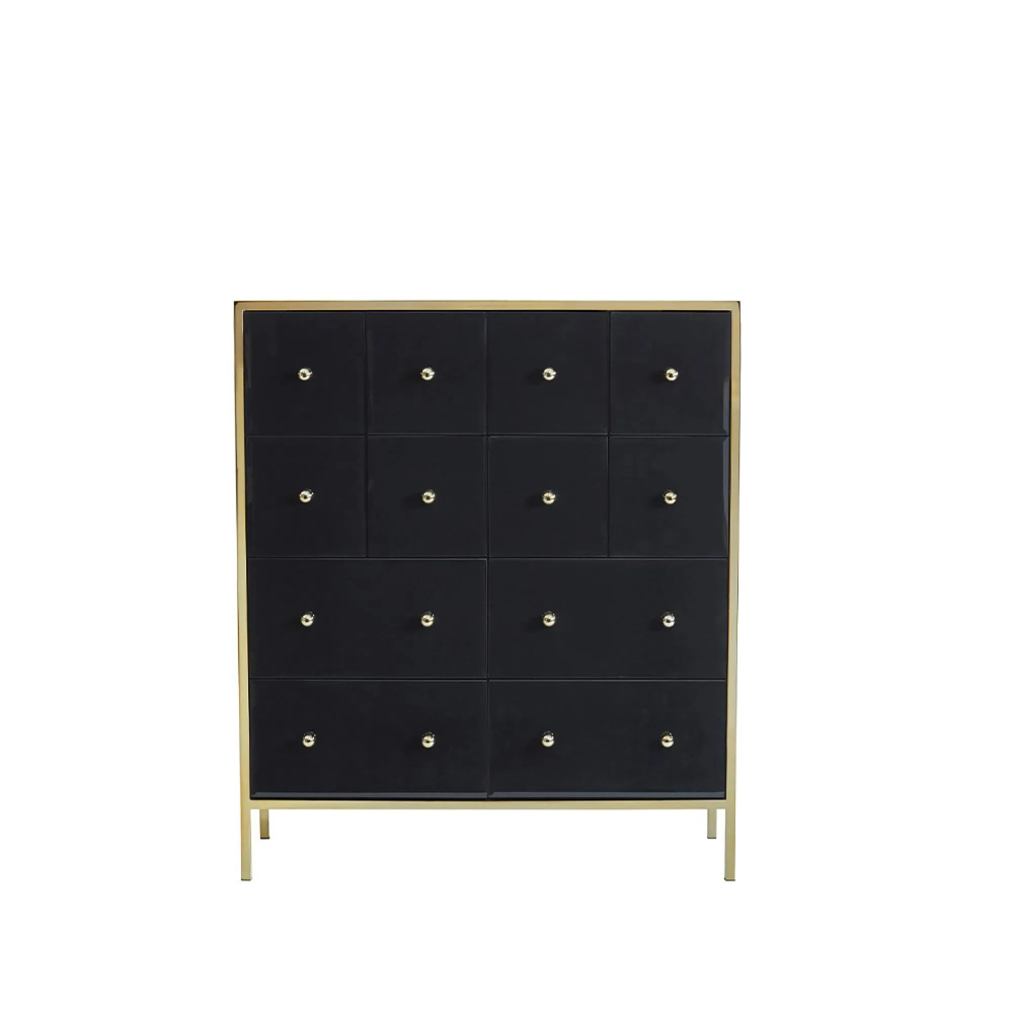 Fenwick 4+8 Drawer Chest - Black Glass, Gold Trim