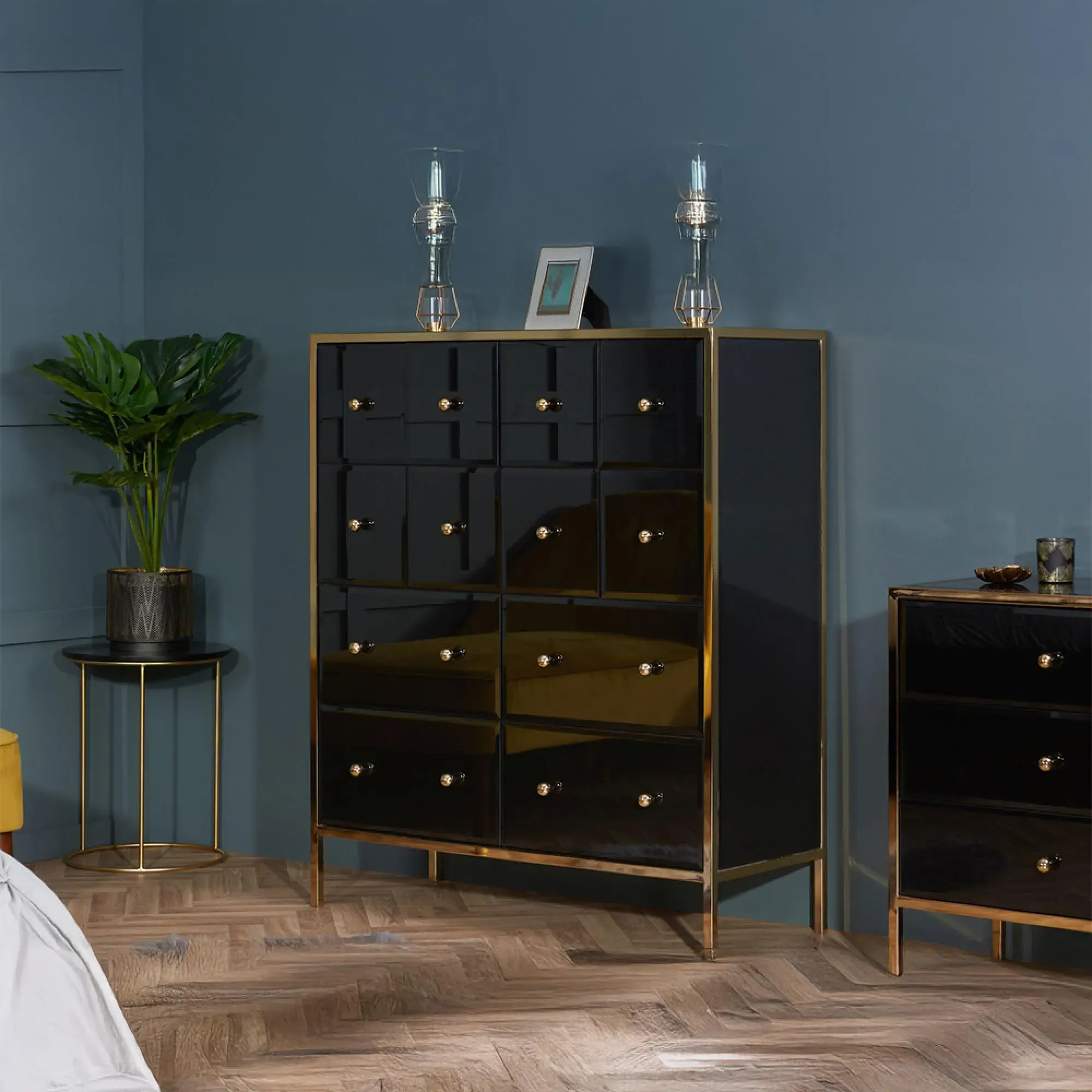 Fenwick 4+8 Drawer Chest - Black Glass, Gold Trim