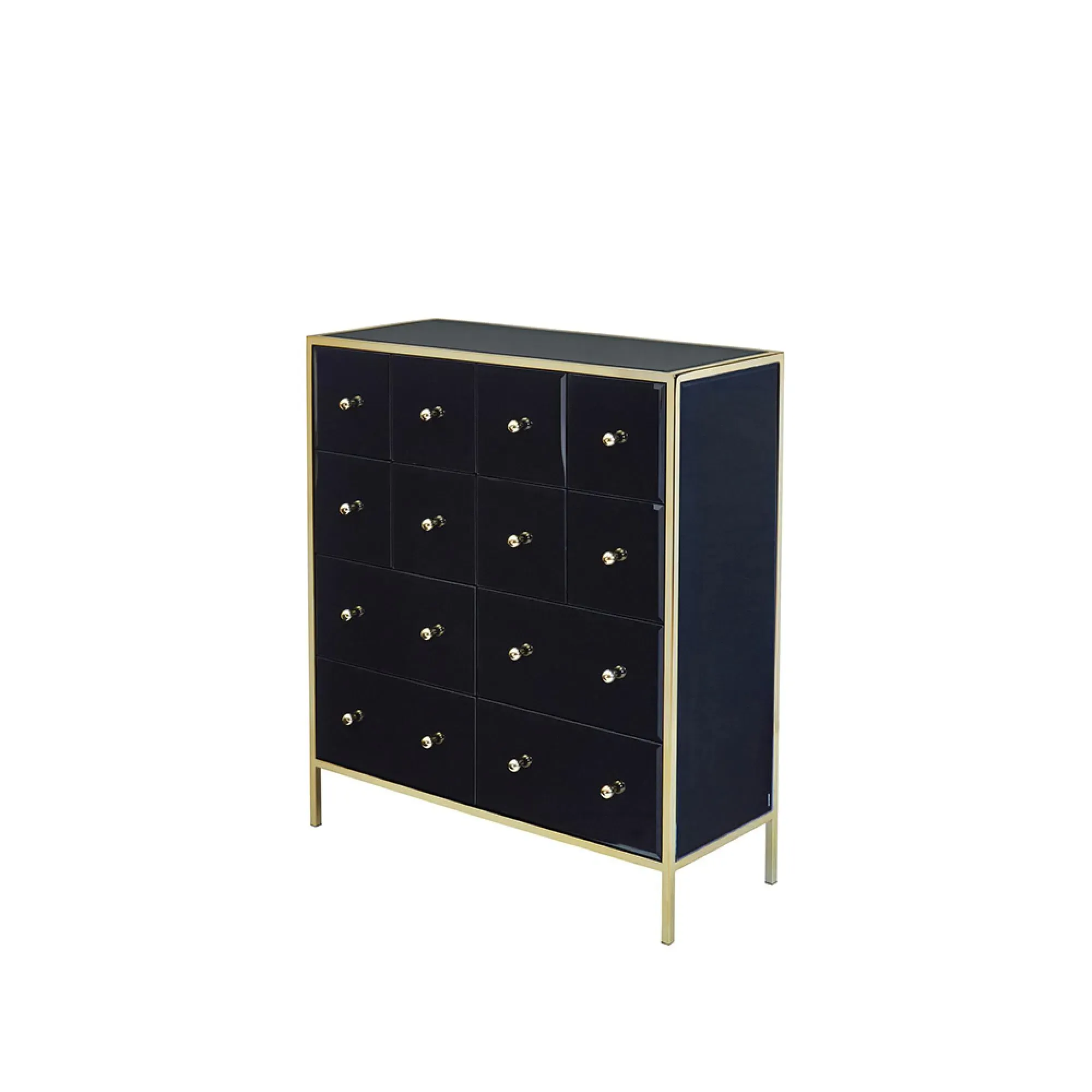 Fenwick 4+8 Drawer Chest - Black Glass, Gold Trim