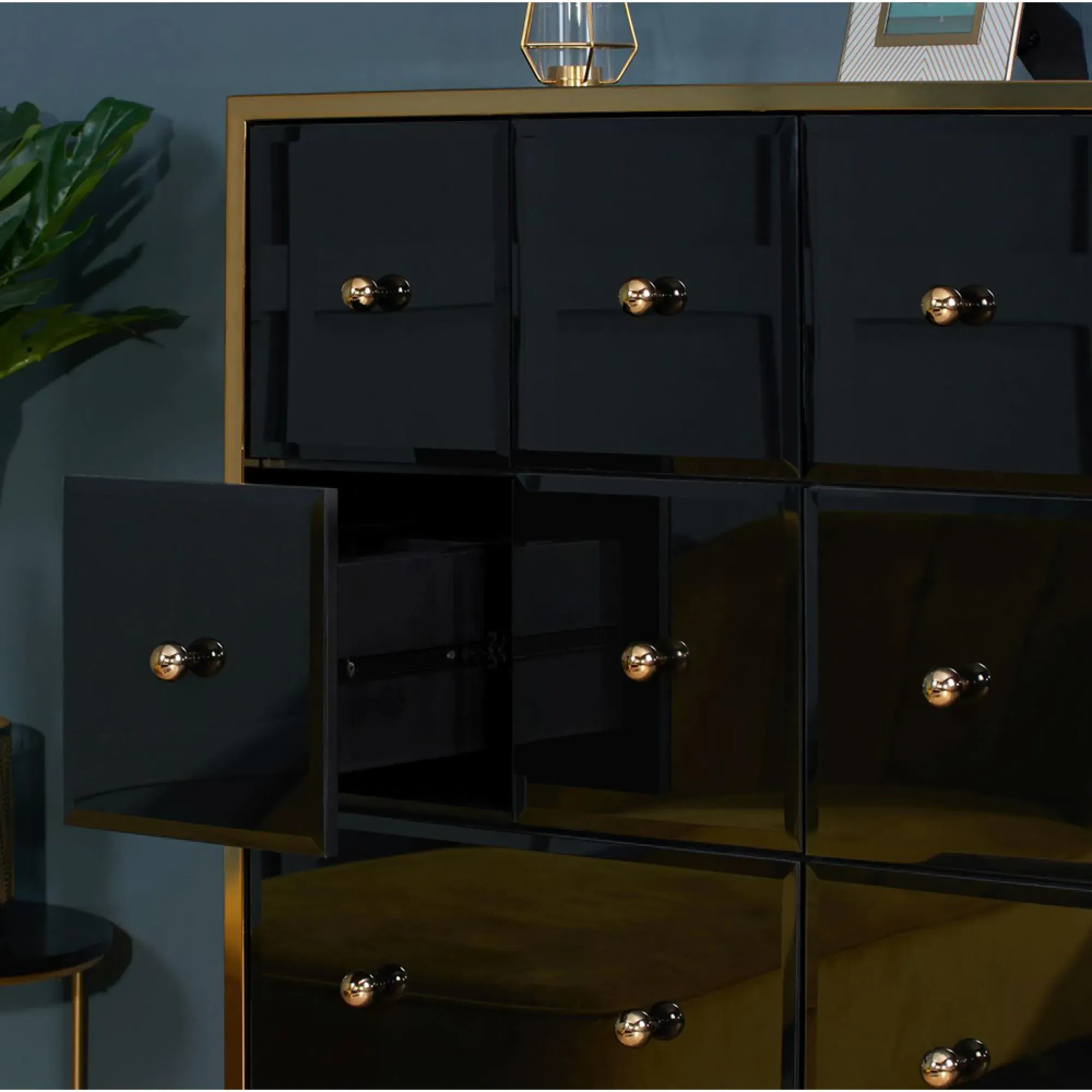 Fenwick 4+8 Drawer Chest - Black Glass, Gold Trim