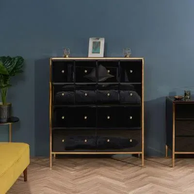 Fenwick 4+8 Drawer Chest - Black Glass, Gold Trim