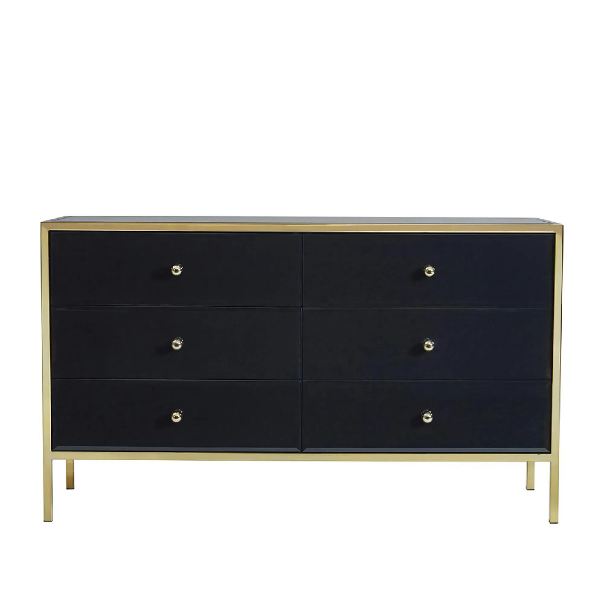 Fenwick 6 Drawer Wide Chest - Black Glass, Gold Trim