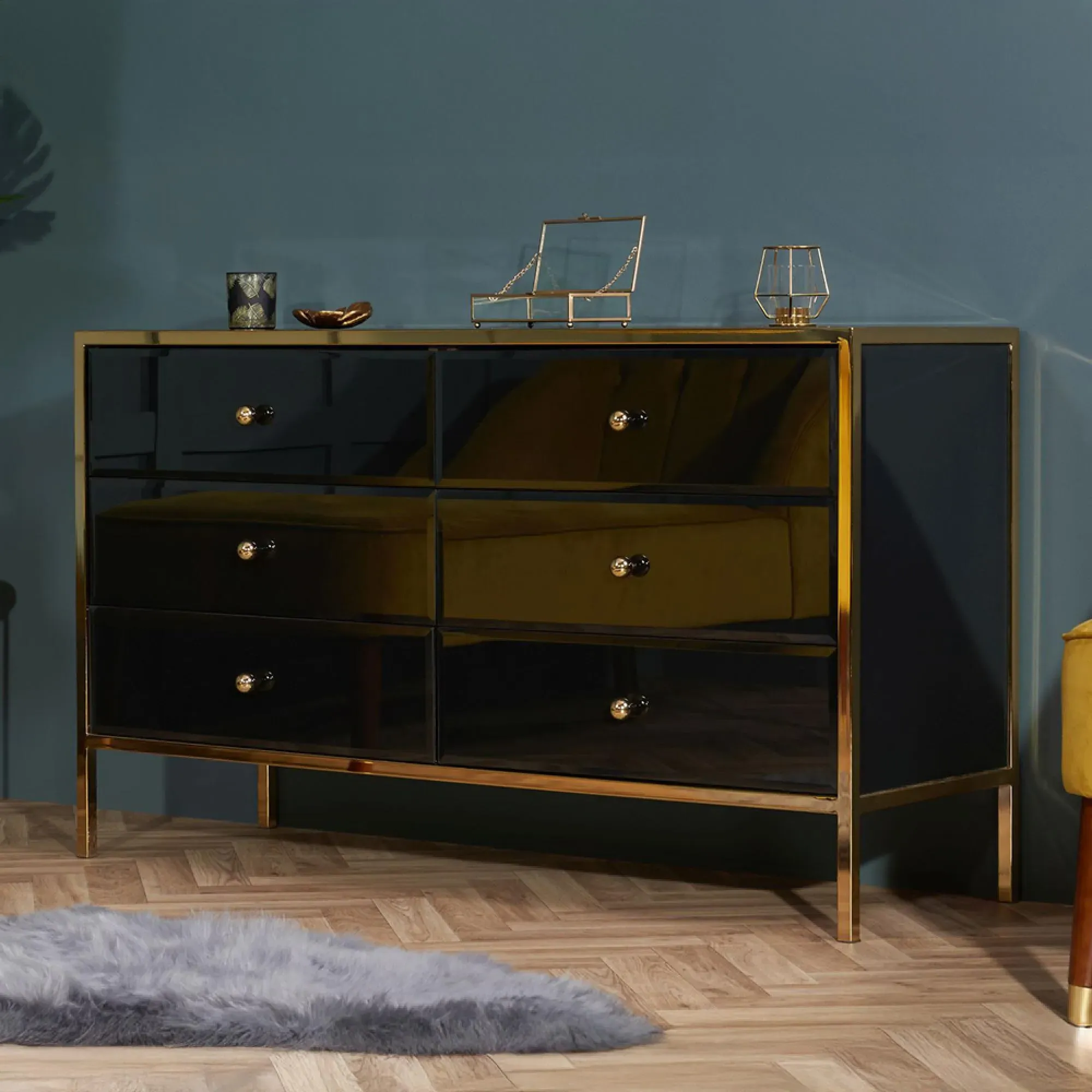 Fenwick 6 Drawer Wide Chest - Black Glass, Gold Trim