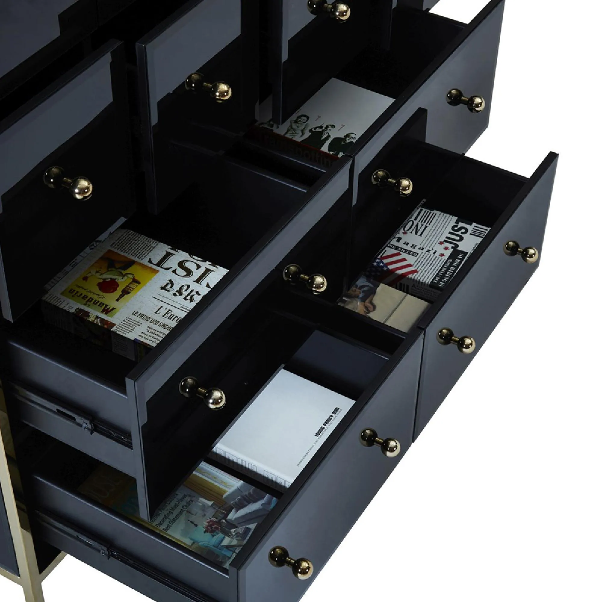 Fenwick 6 Drawer Wide Chest - Black Glass, Gold Trim