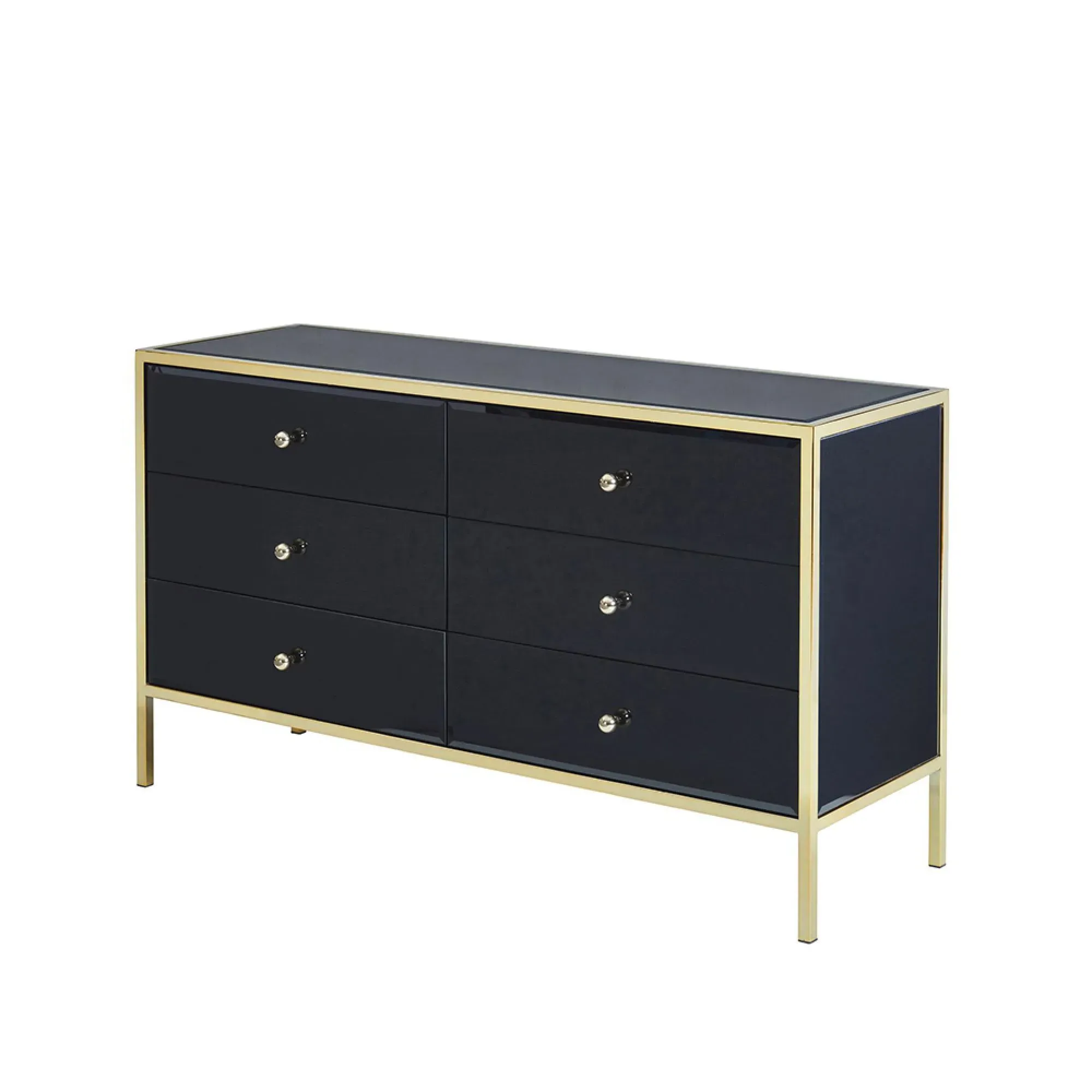 Fenwick 6 Drawer Wide Chest - Black Glass, Gold Trim