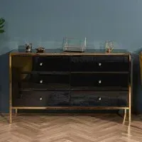 Fenwick 6 Drawer Wide Chest - Black Glass, Gold Trim