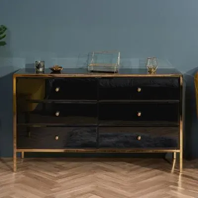Fenwick 6 Drawer Wide Chest - Black Glass, Gold Trim