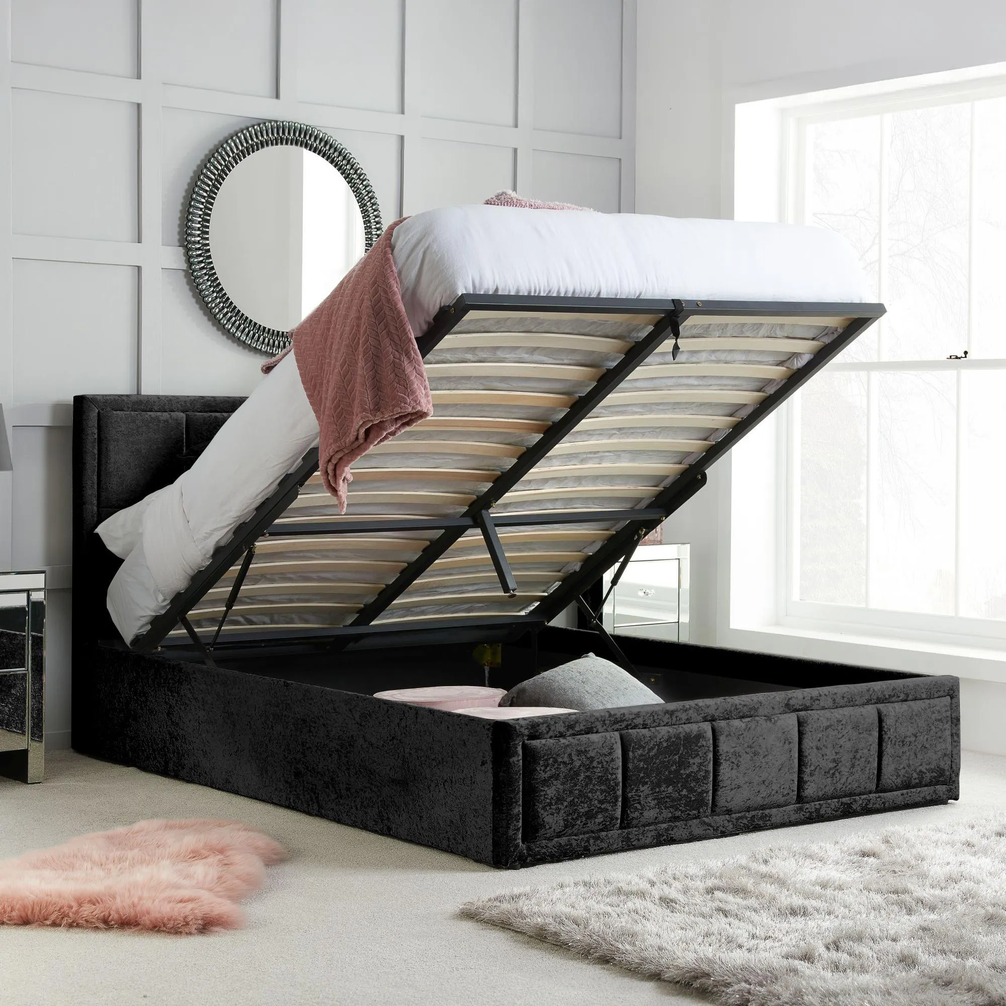 Hannover Ottoman Storage Bed - Black, Crushed Velvet