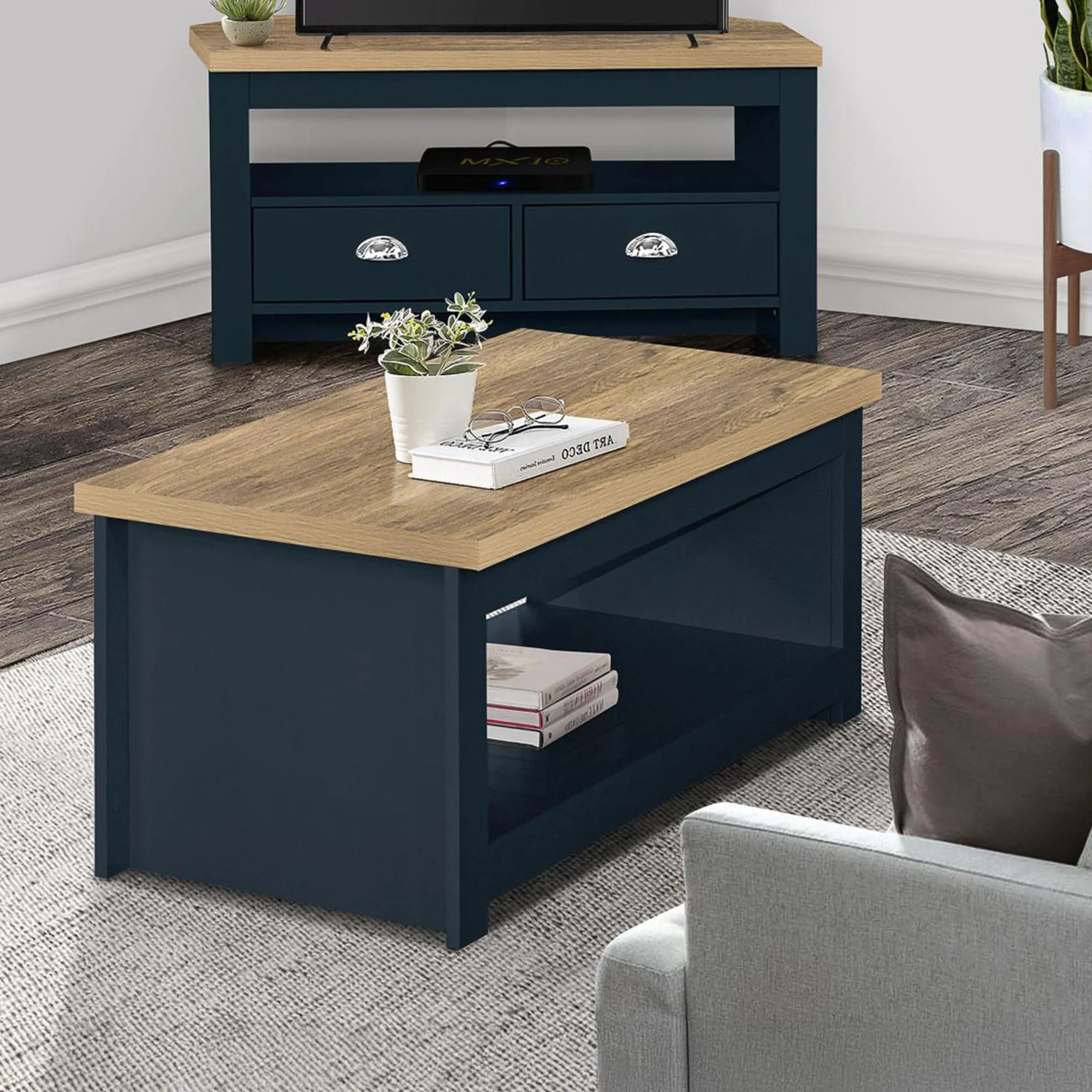 Highgate 105cm Coffee Table - Navy Blue, Oak