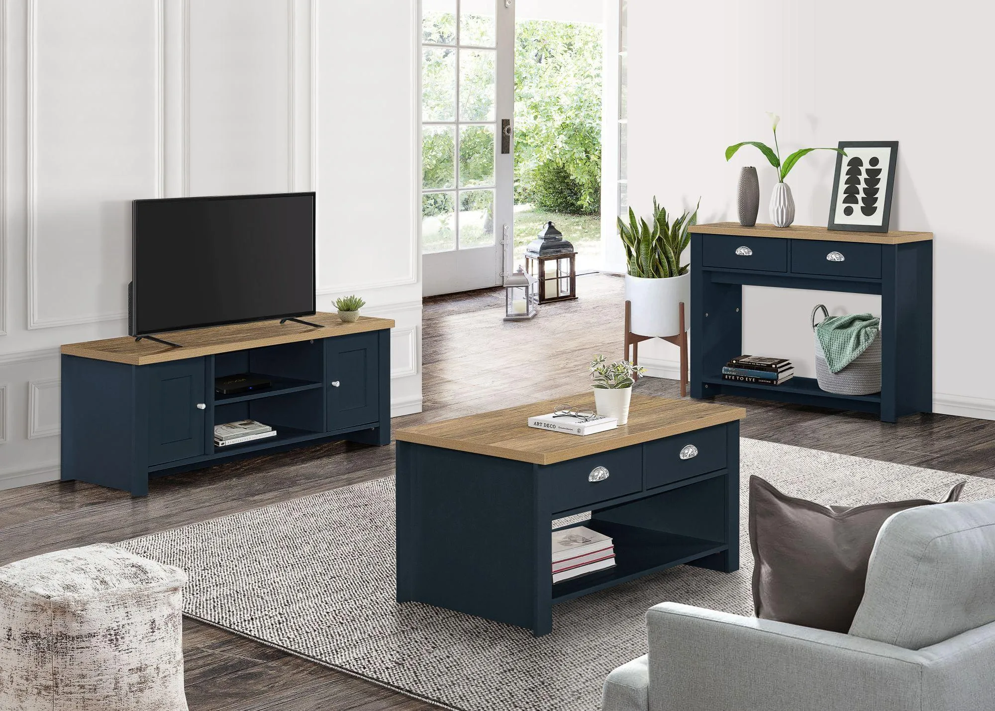 Highgate 2 Door TV Unit - Navy Blue, Oak