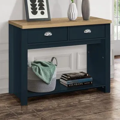 Highgate 2 Drawer Console Table - Navy Blue, Oak