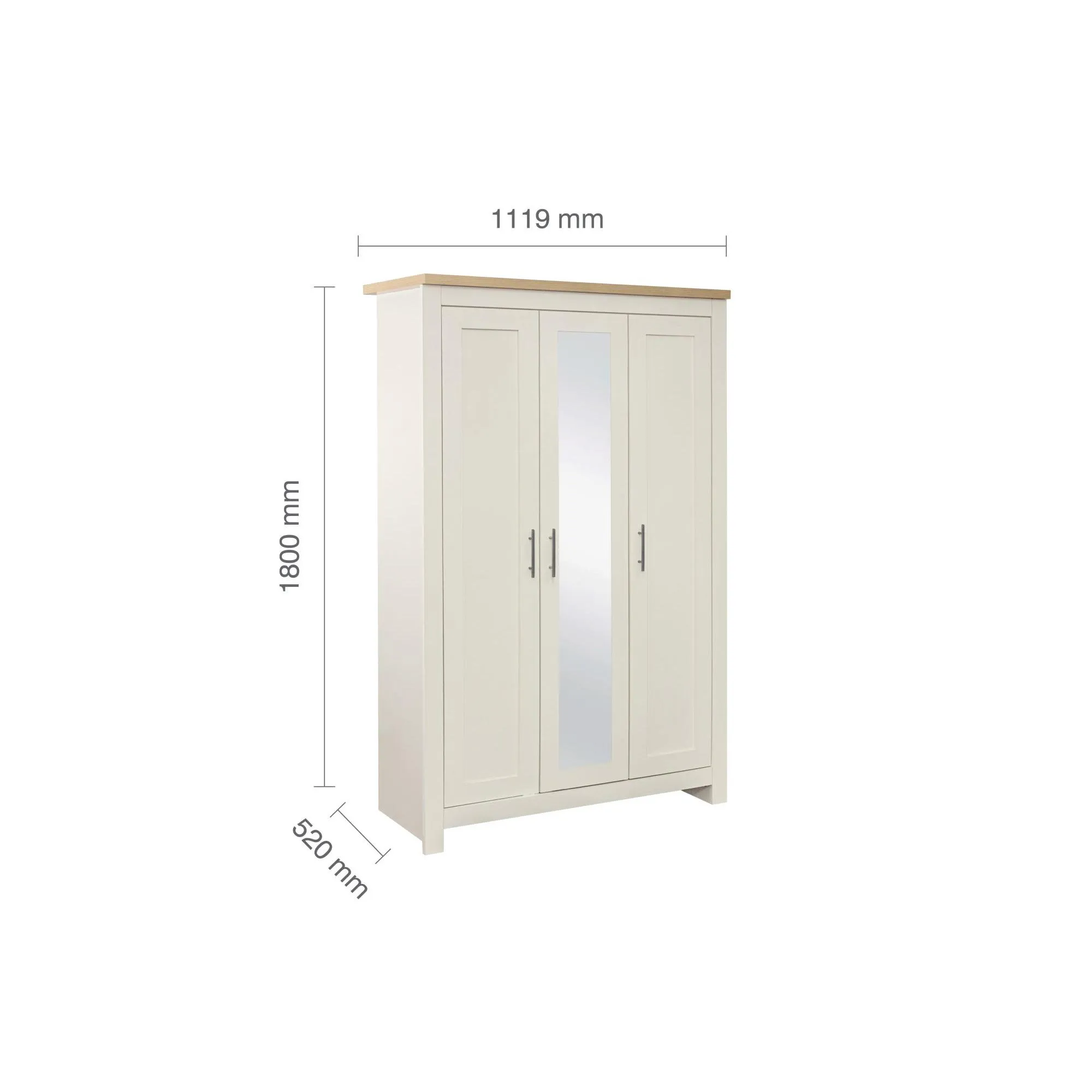 Highgate 3 Door Mirror Wardrobe - Cream, Oak