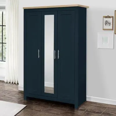 Highgate 3 Door Mirror Wardrobe - Navy Blue, Oak