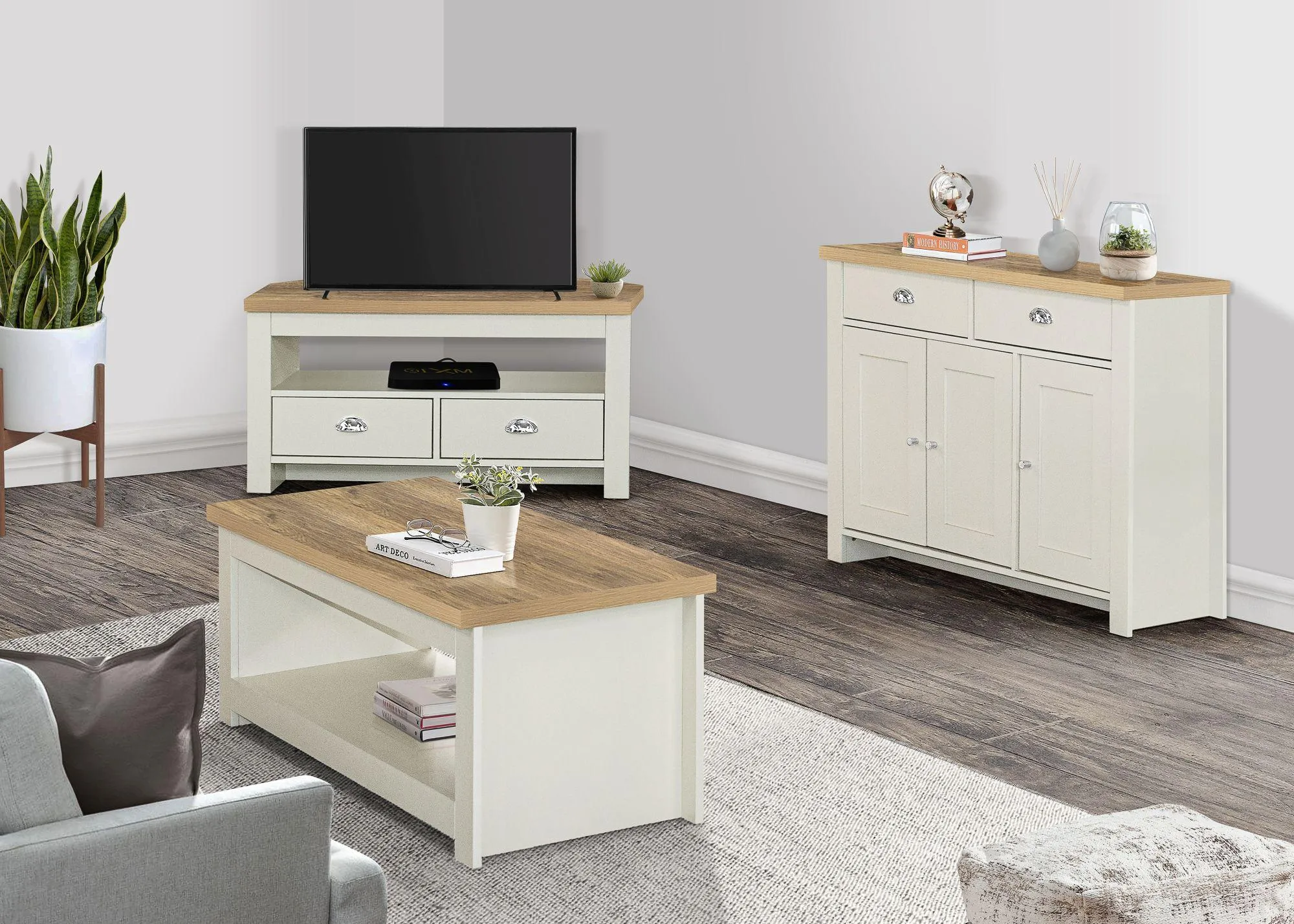 Highgate Corner TV Unit with 2 Drawers - Cream, Oak