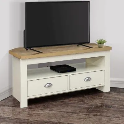 Highgate Corner TV Unit with 2 Drawers - Cream, Oak image