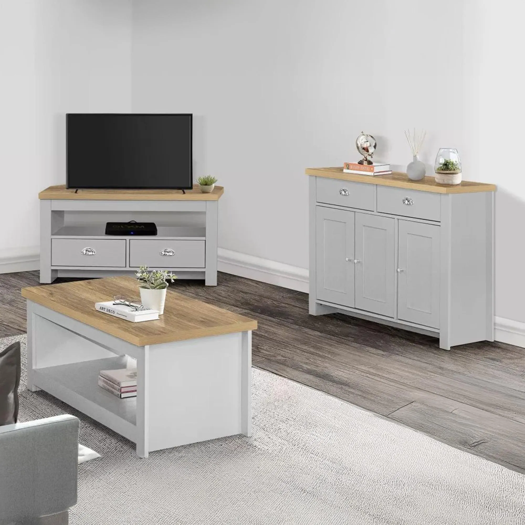 Highgate Corner TV Unit with 2 Drawers - Grey, Oak