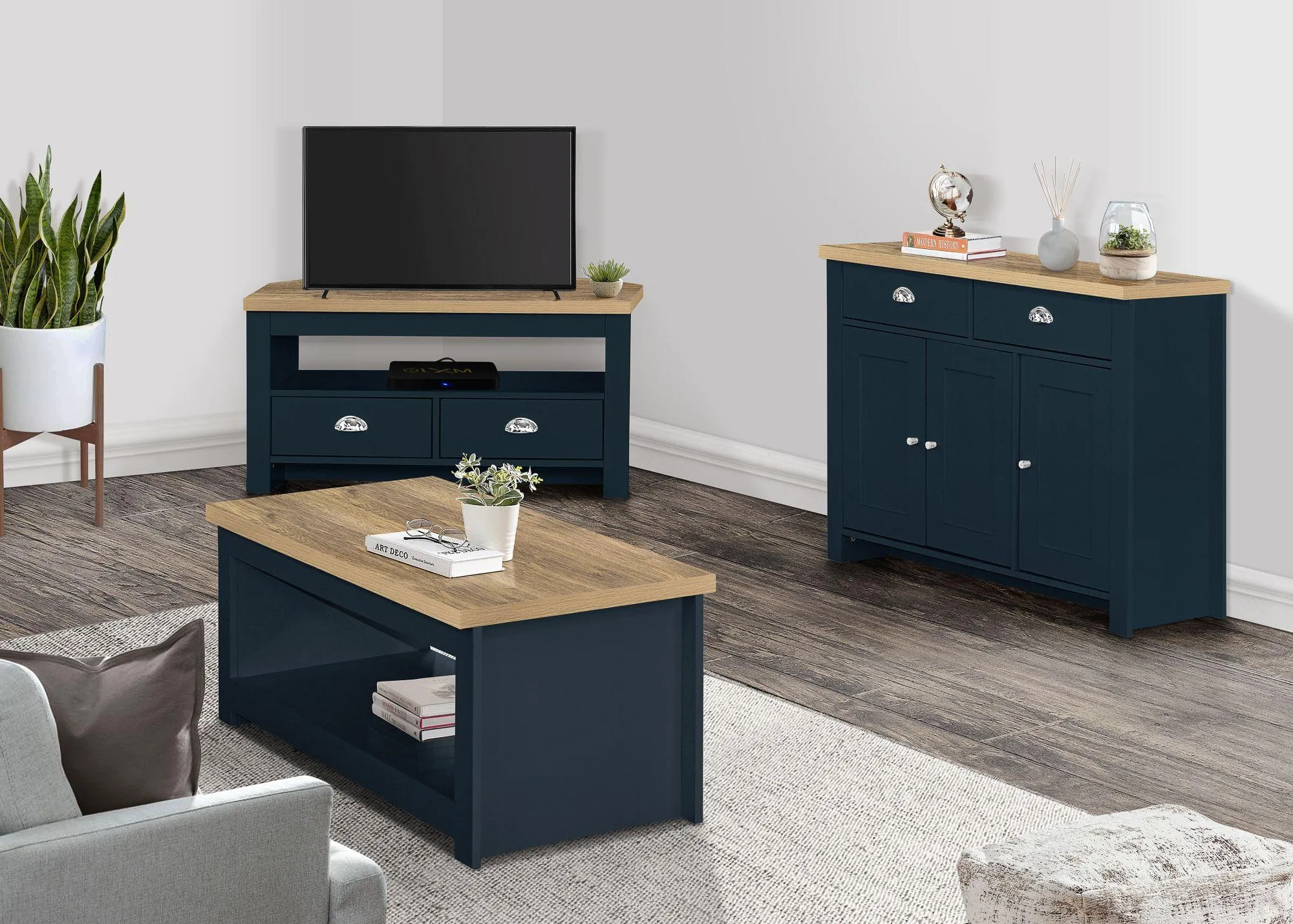 Highgate Corner TV Unit with 2 Drawers - Navy Blue, Oak