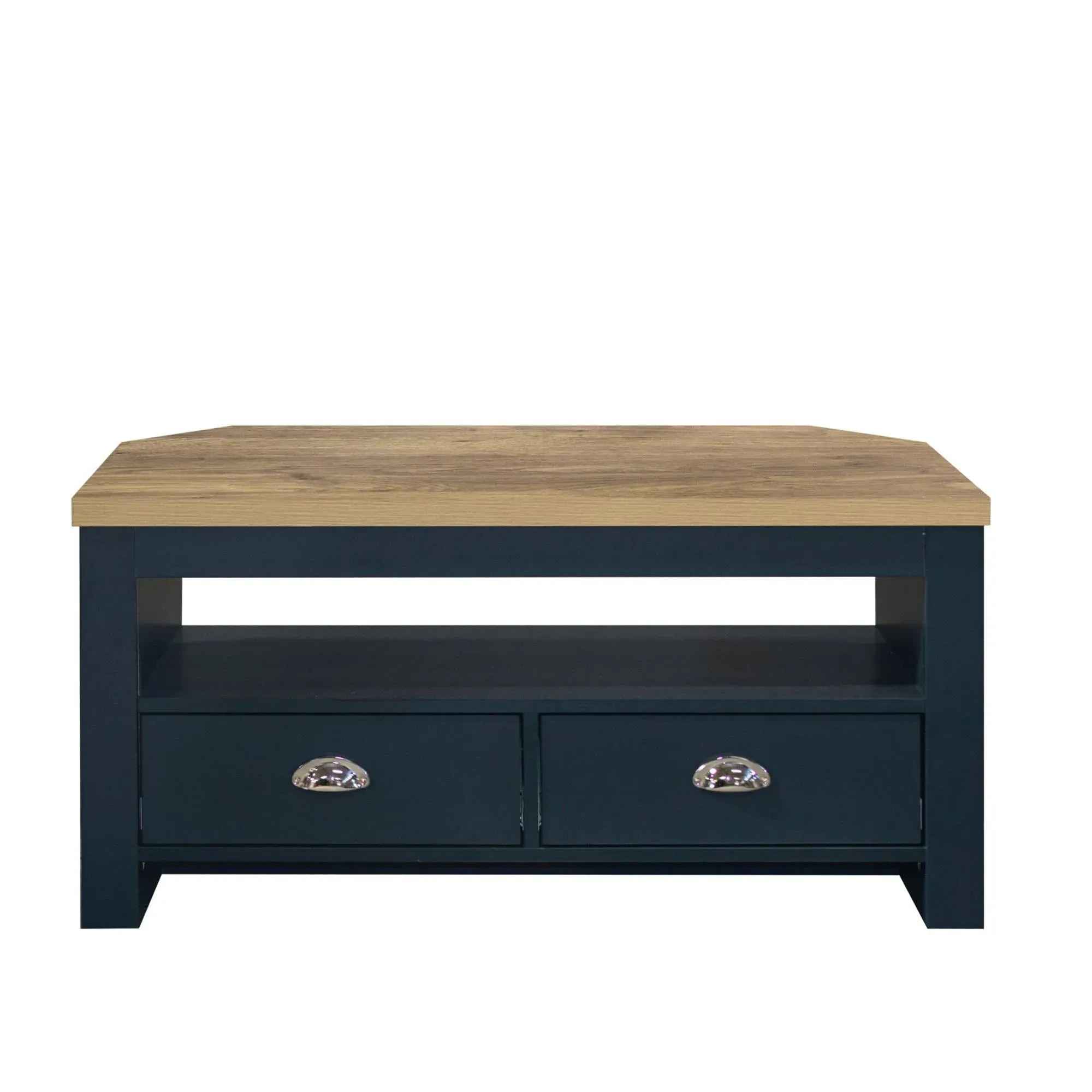 Highgate Corner TV Unit with 2 Drawers - Navy Blue, Oak
