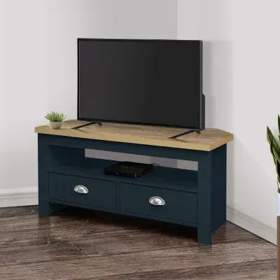 Highgate Corner TV Unit with 2 Drawers - Navy Blue, Oak
