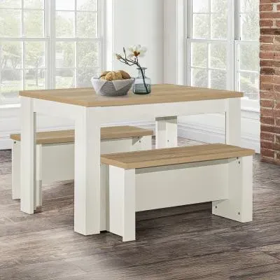 Highgate Dining Set with 2 Benches - Cream, Oak image