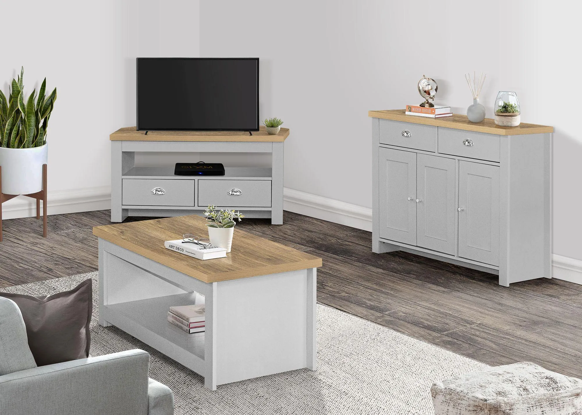 Highgate Medium 3 Door Sideboard - Grey, Oak