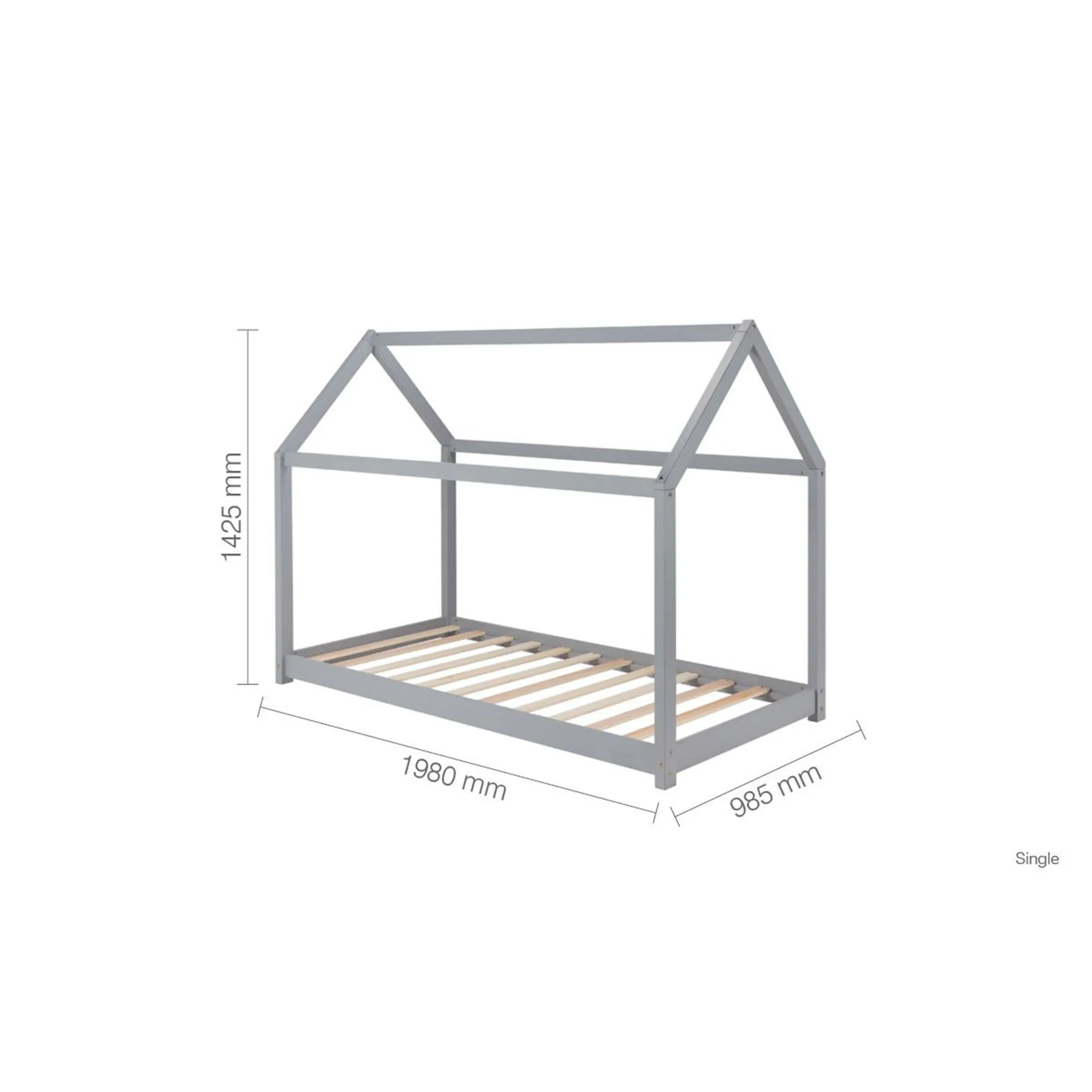 House Single Bed Frame - Grey, Wood