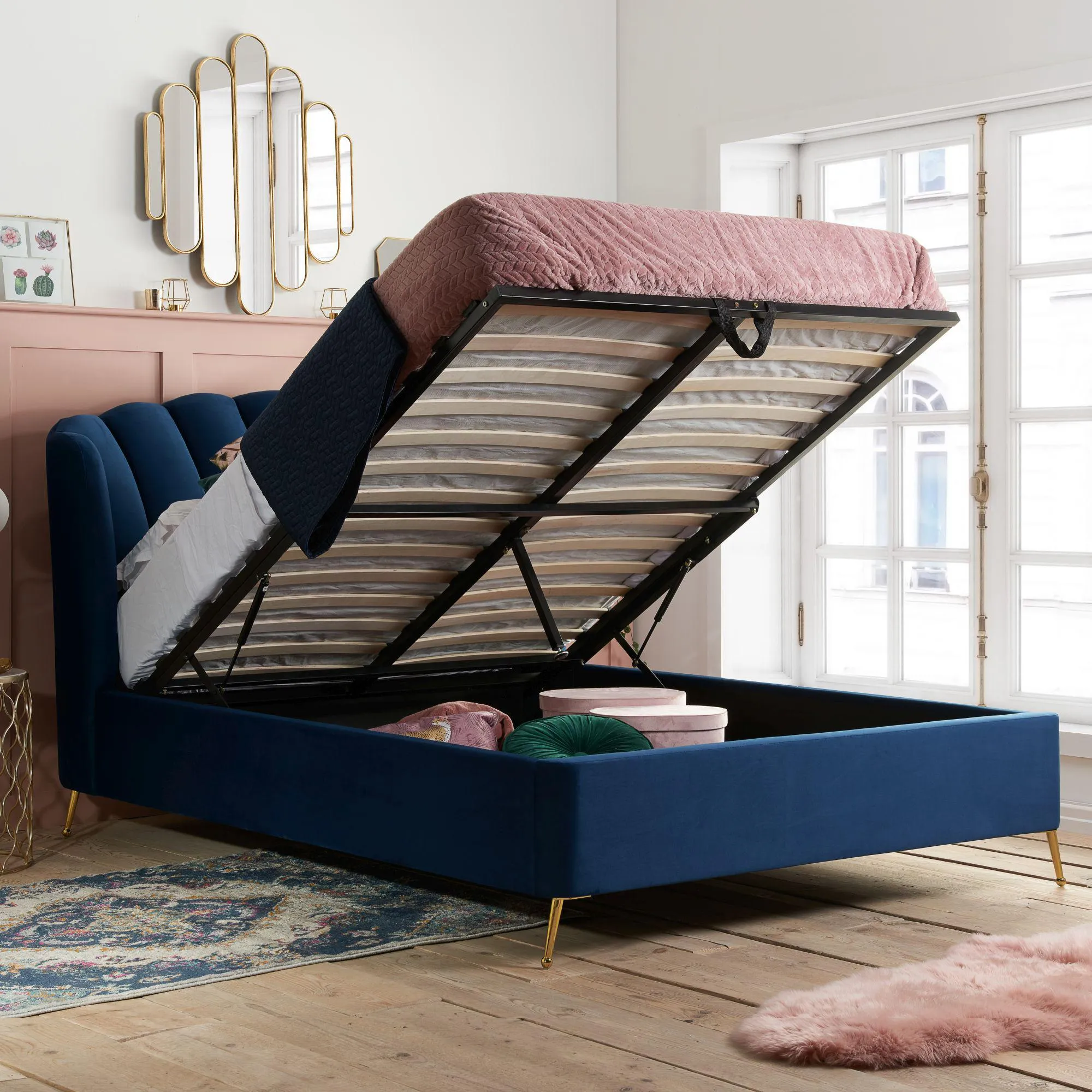 Lottie Ottoman Storage Bed - Midnight Blue, Fabric