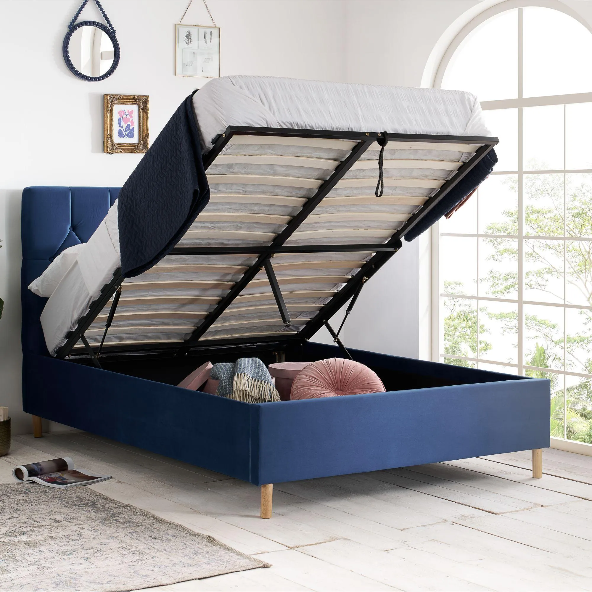 Loxley Ottoman Storage Bed - Blue, Fabric