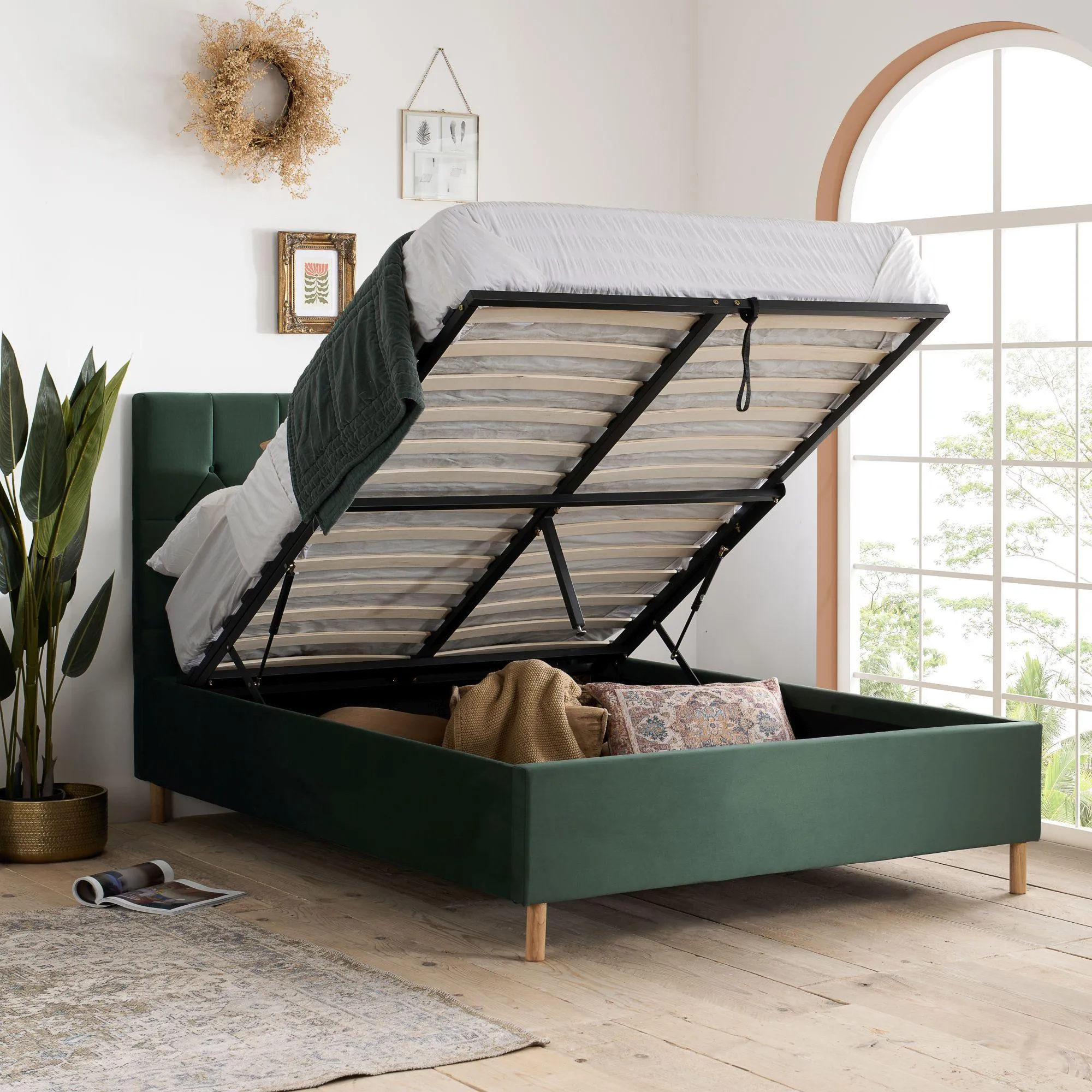 Loxley Ottoman Storage Bed - Green, Fabric
