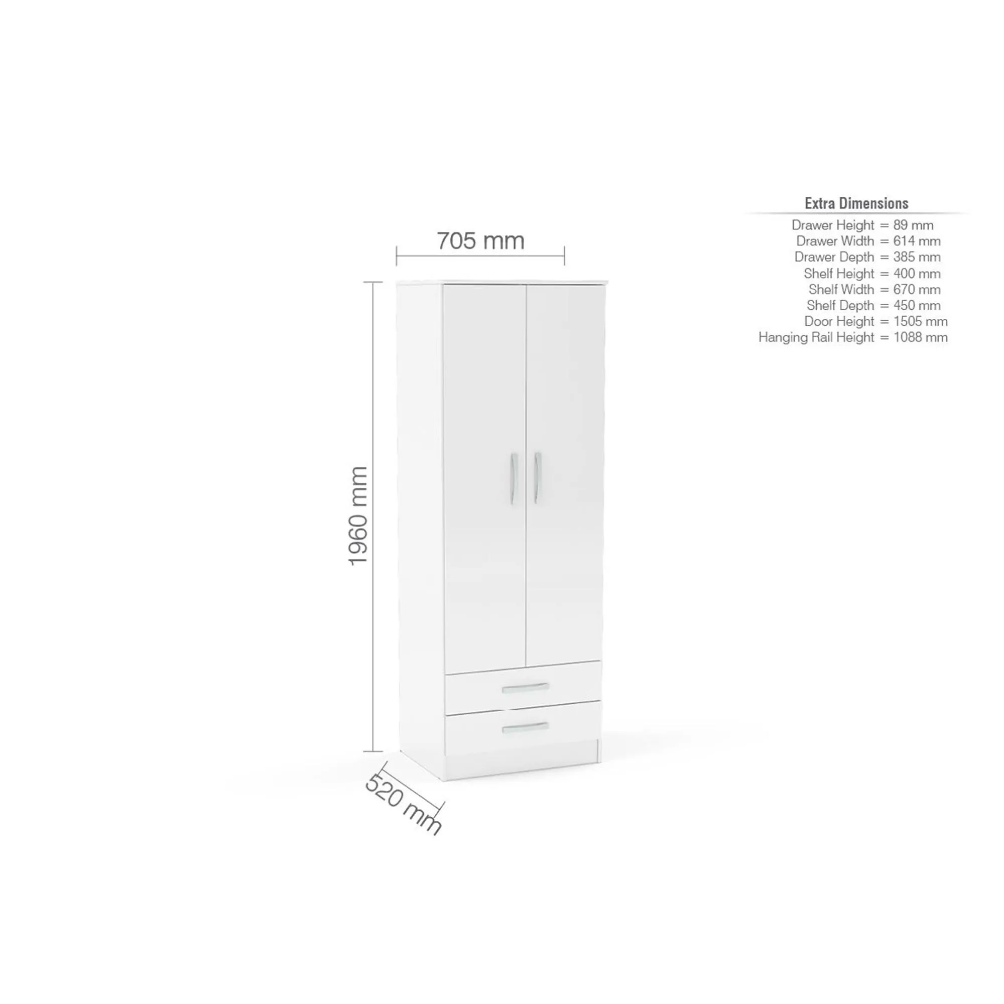 Lynx 2 Door 2 Drawer Double Wardrobe - White, High Gloss