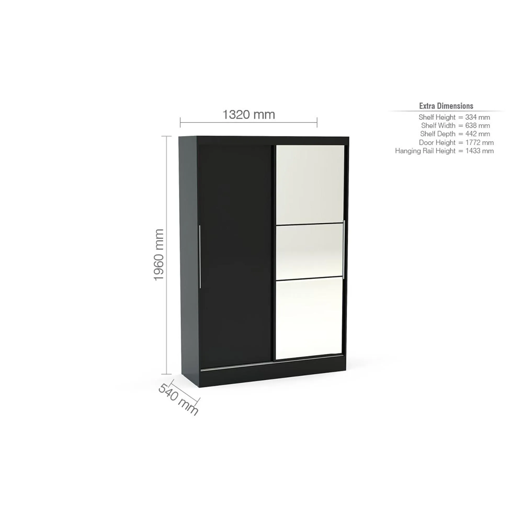 Lynx 2 Door Sliding Mirror Wardrobe - Black