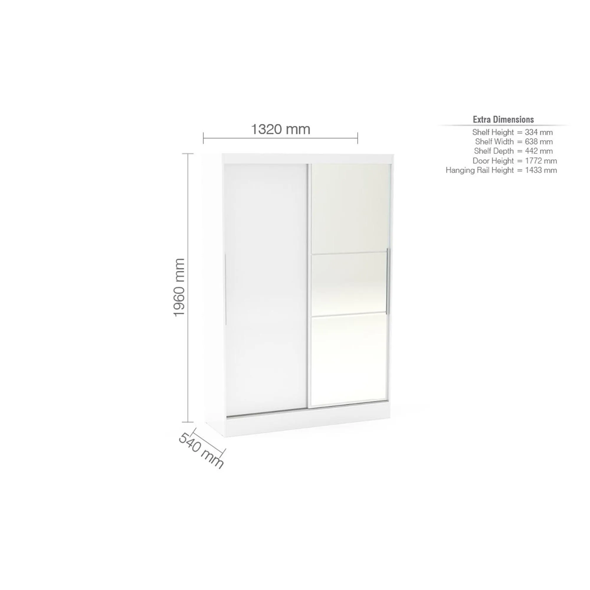 Lynx 2 Door Sliding Mirror Wardrobe - White