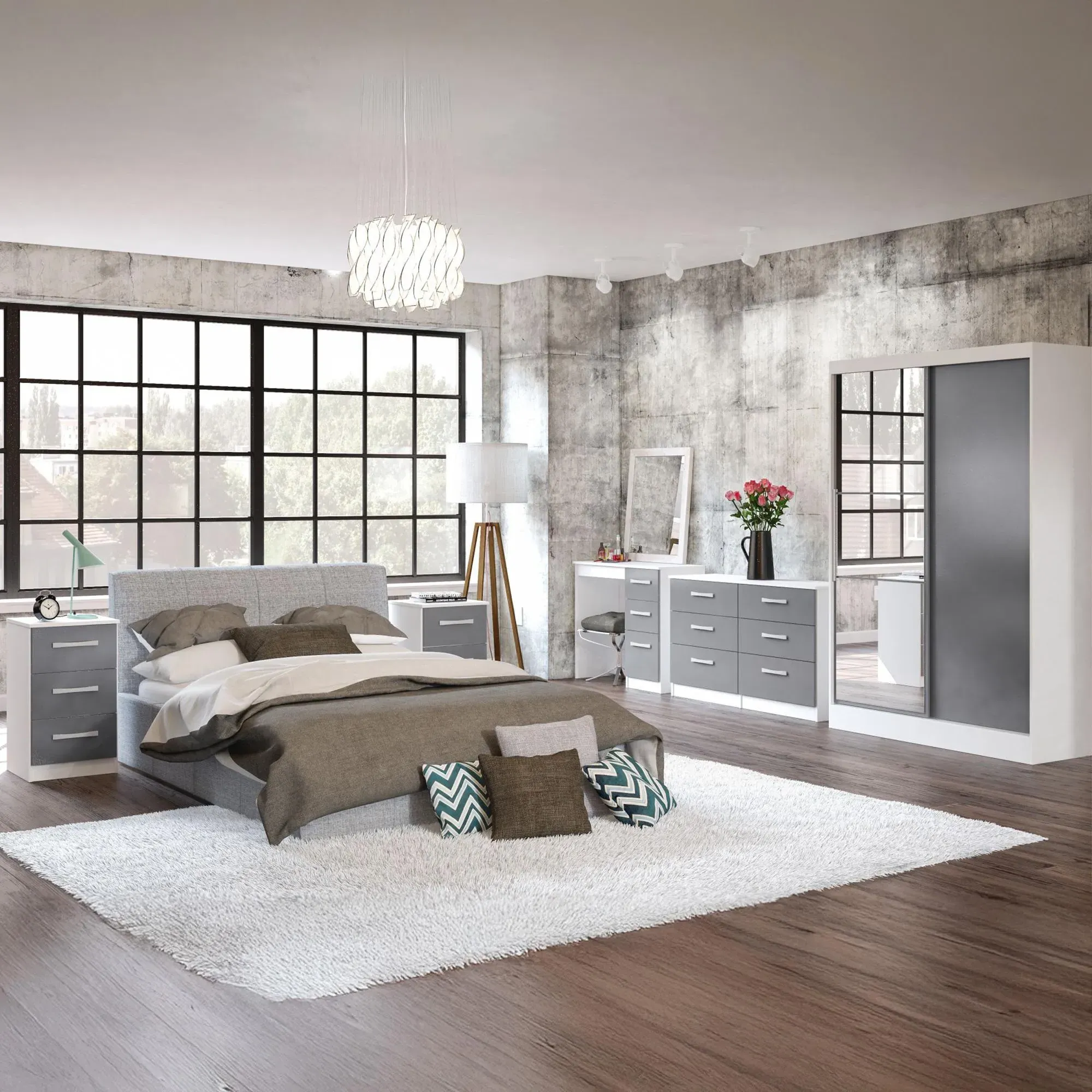 Lynx 2 Door Sliding Mirror Wardrobe - White and Grey