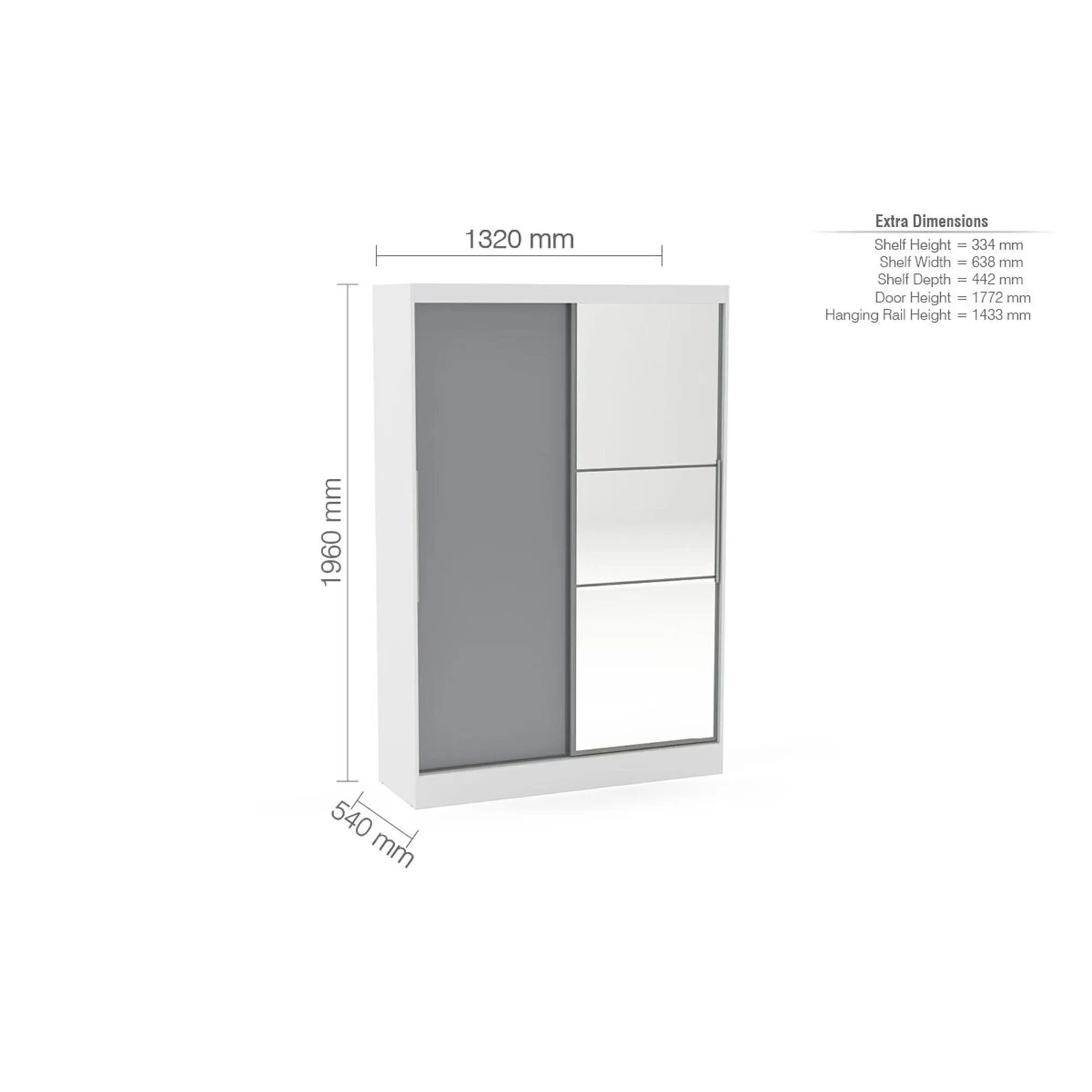 Lynx 2 Door Sliding Mirror Wardrobe - White and Grey